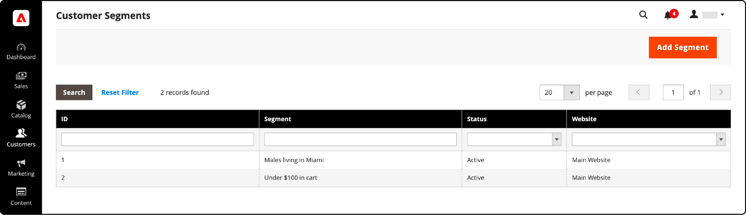 Screenshot of Magento's customer segmentation module interface