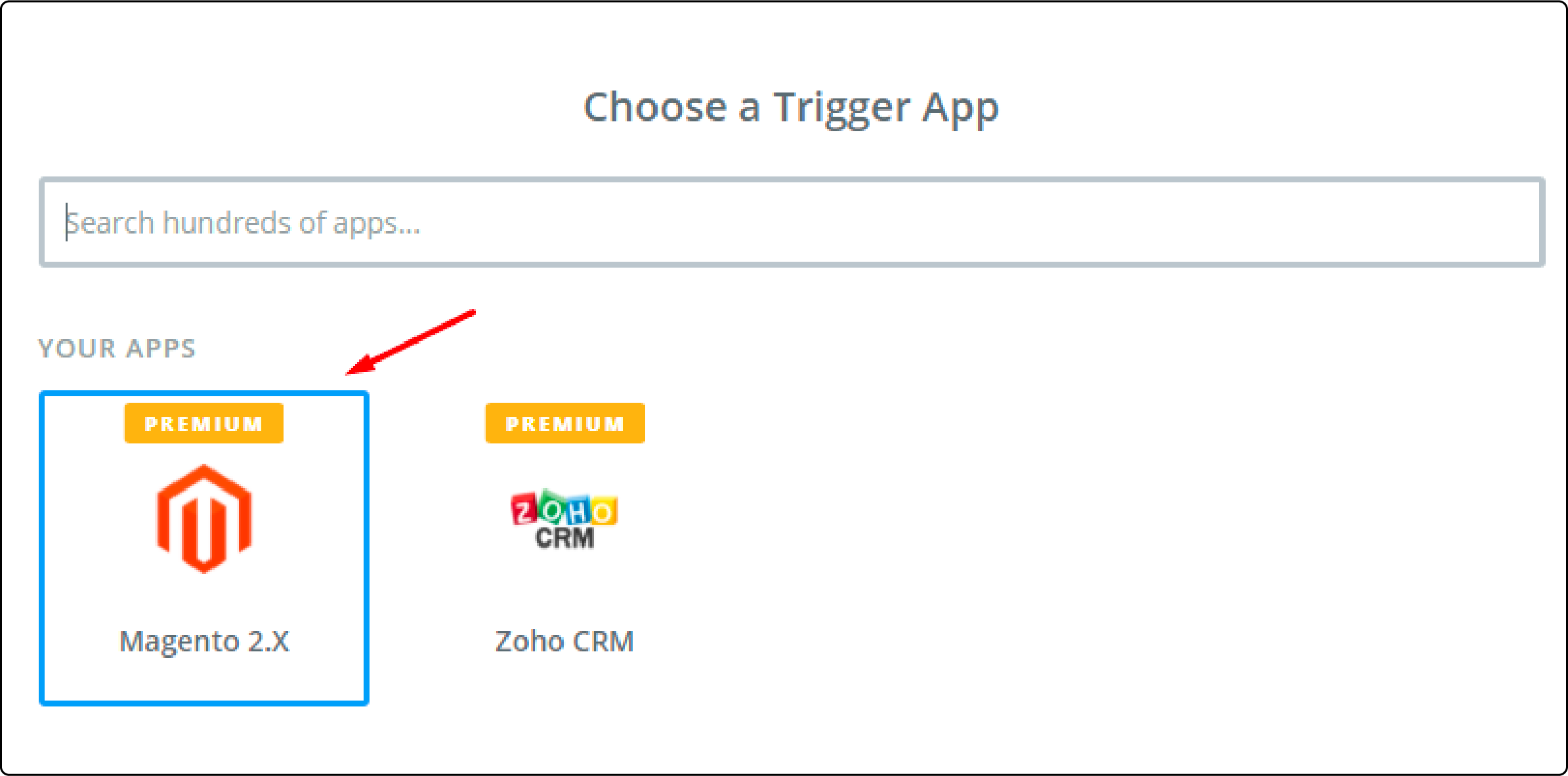 Selecting a trigger app for Magento 2.x in Zapier workflow