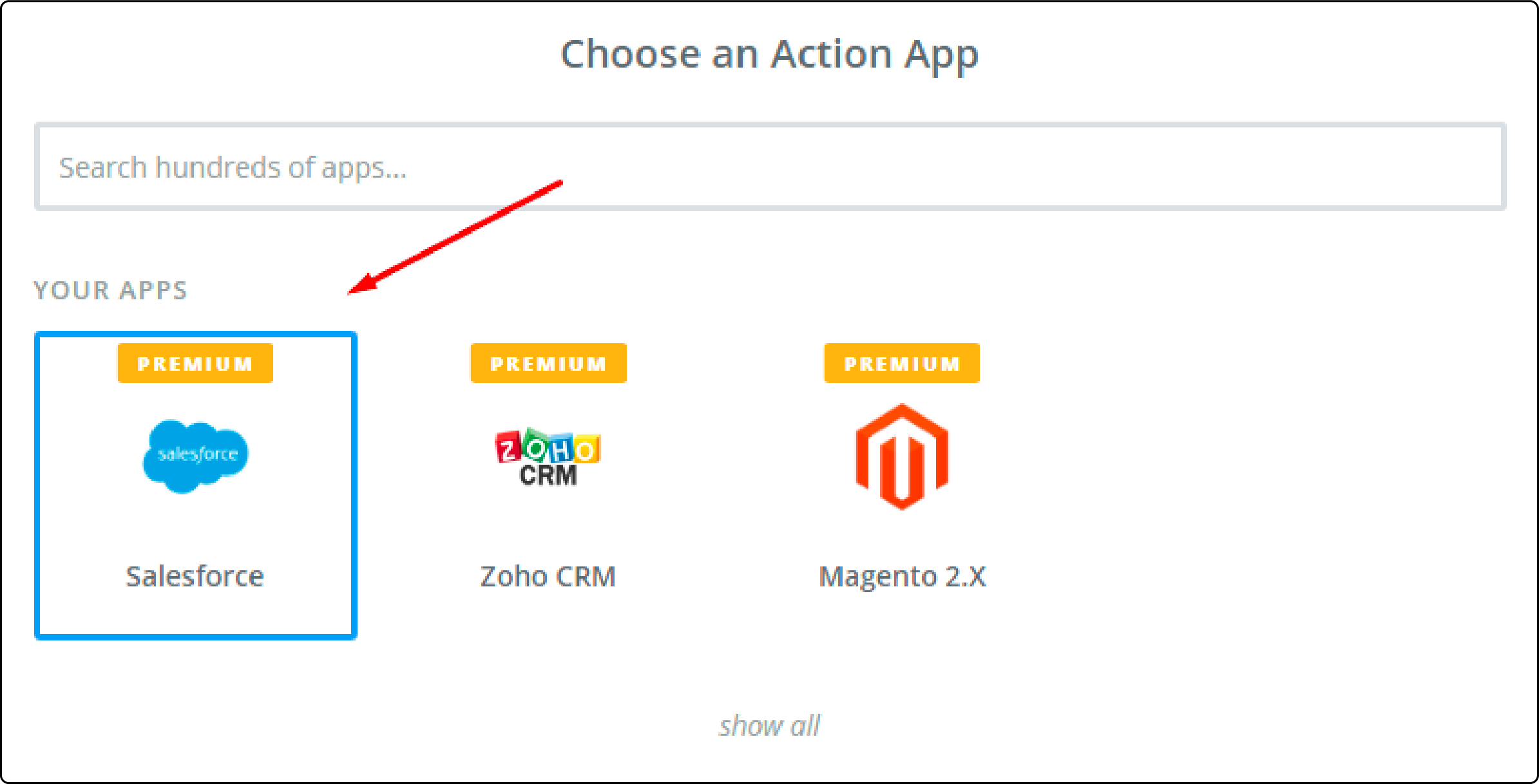 Selecting Salesforce as an action app in Zapier for Magento integration