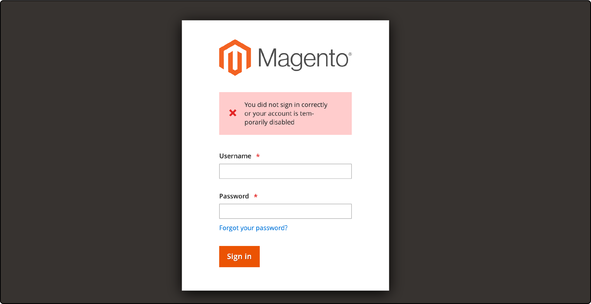 Magento Admin Panel Login Error Message