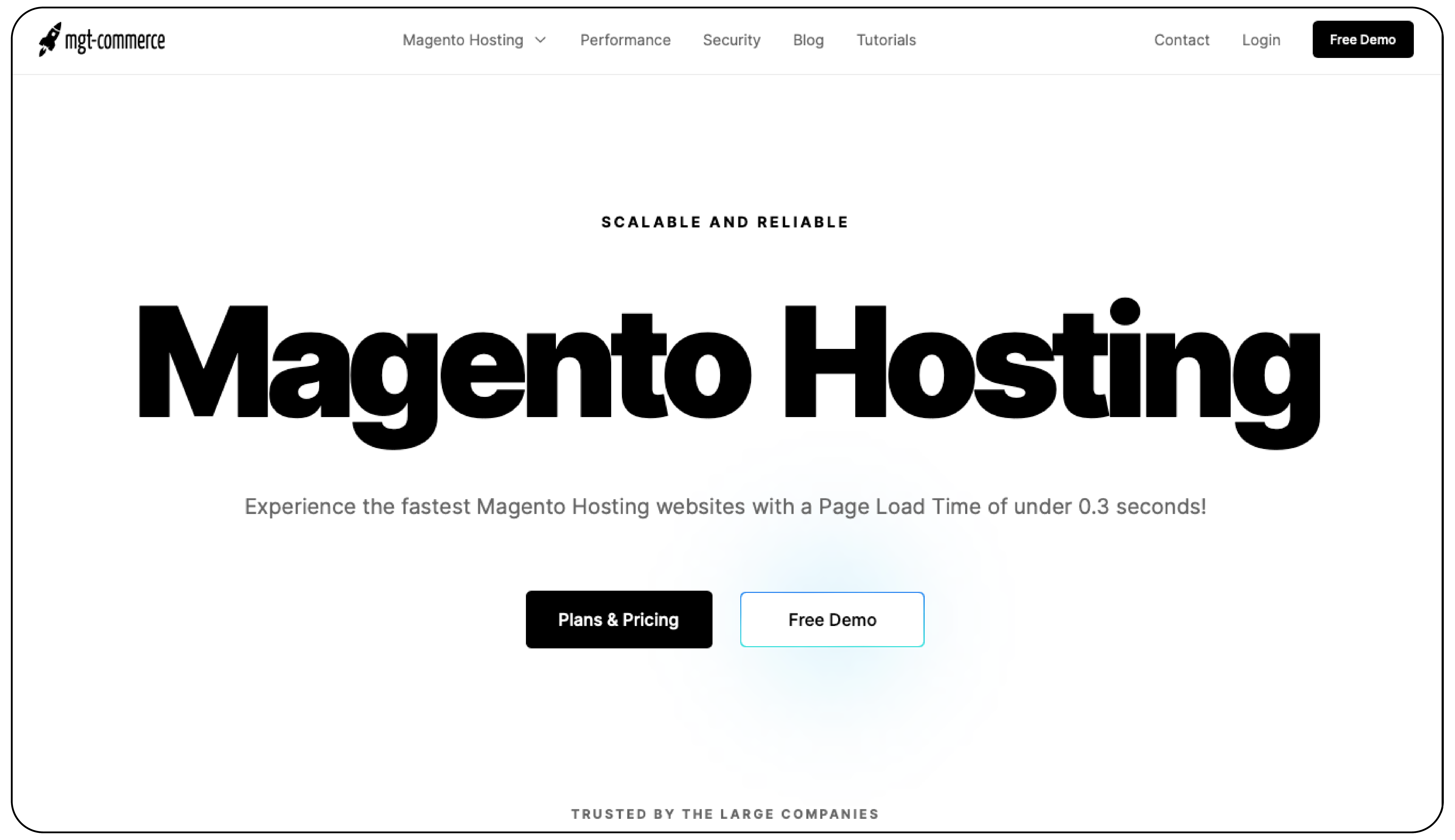 MGT Commerce homepage showcasing features for Magento hosting