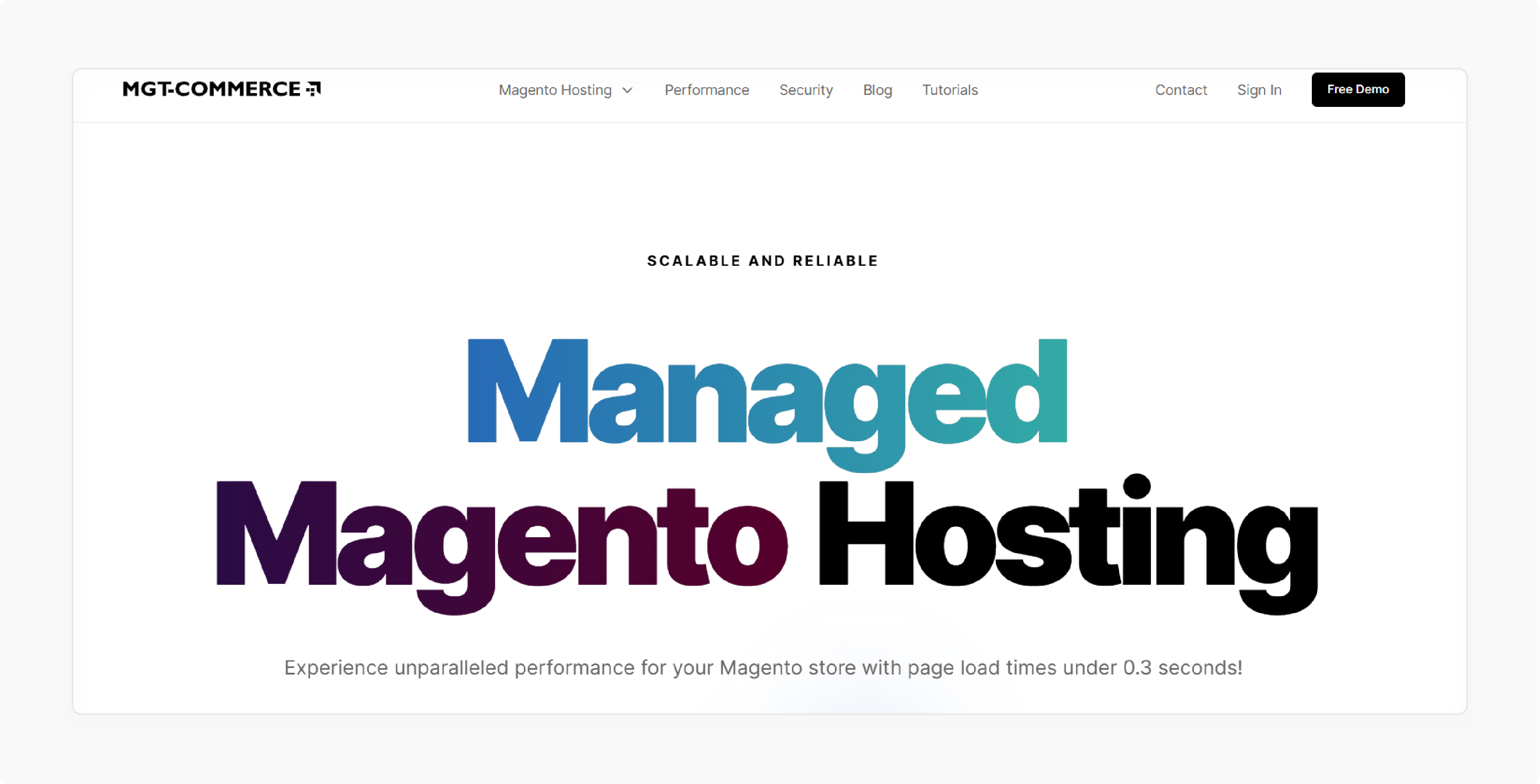 MGT-Commerce homepage showcasing Magento hosting services