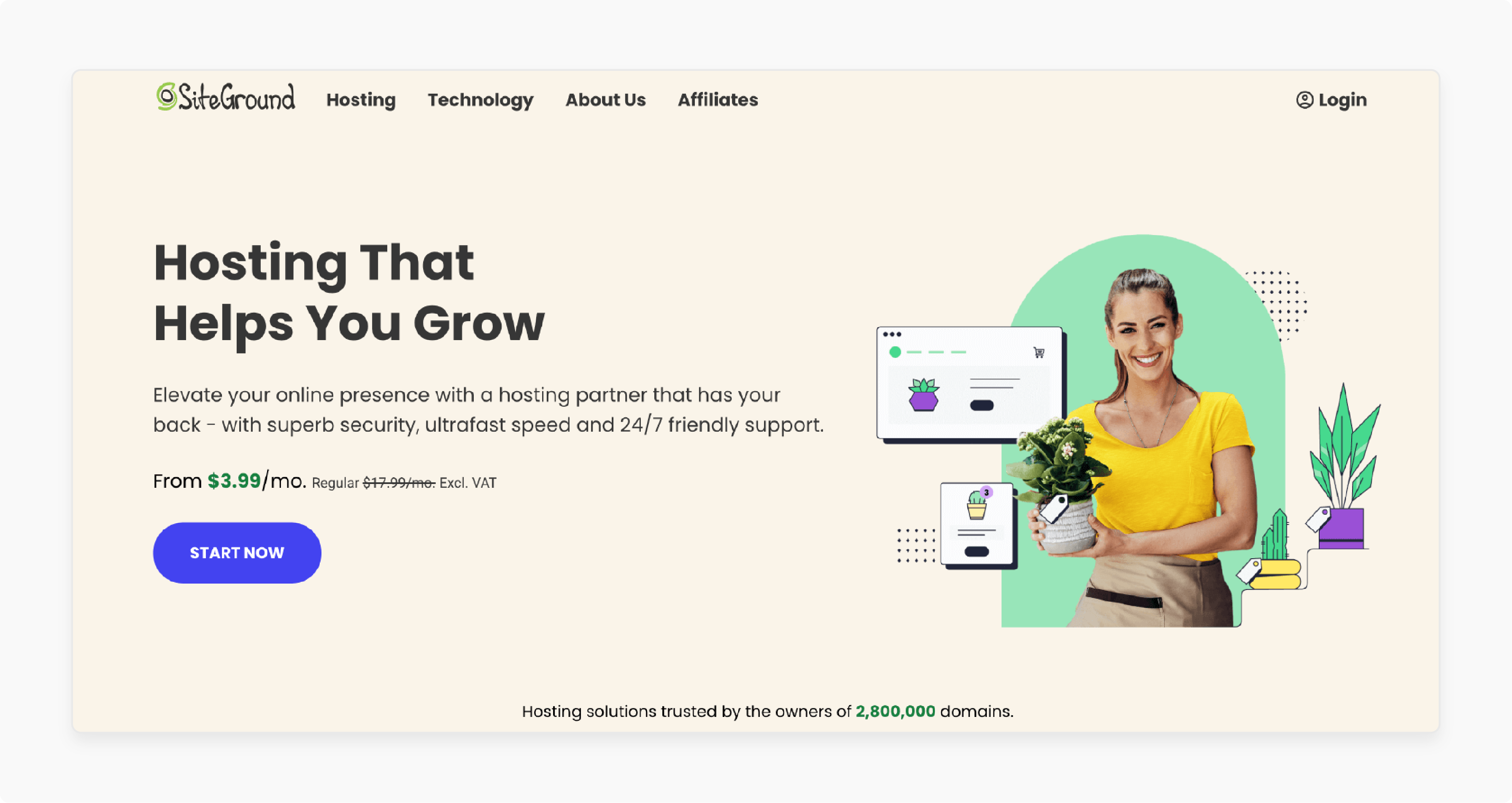 SiteGround homepage highlighting Magento hosting features