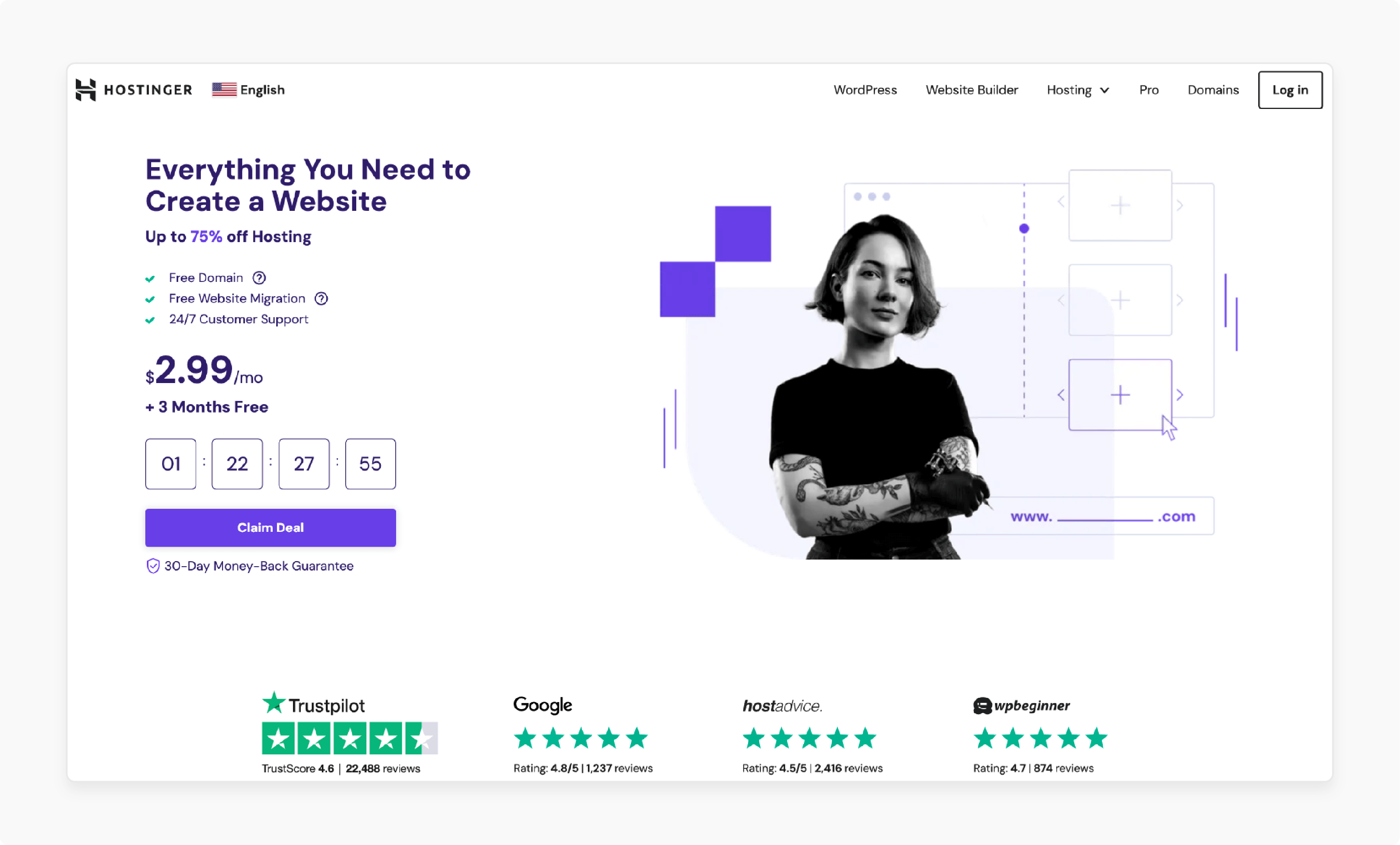 Hostinger homepage presenting affordable Magento hosting options