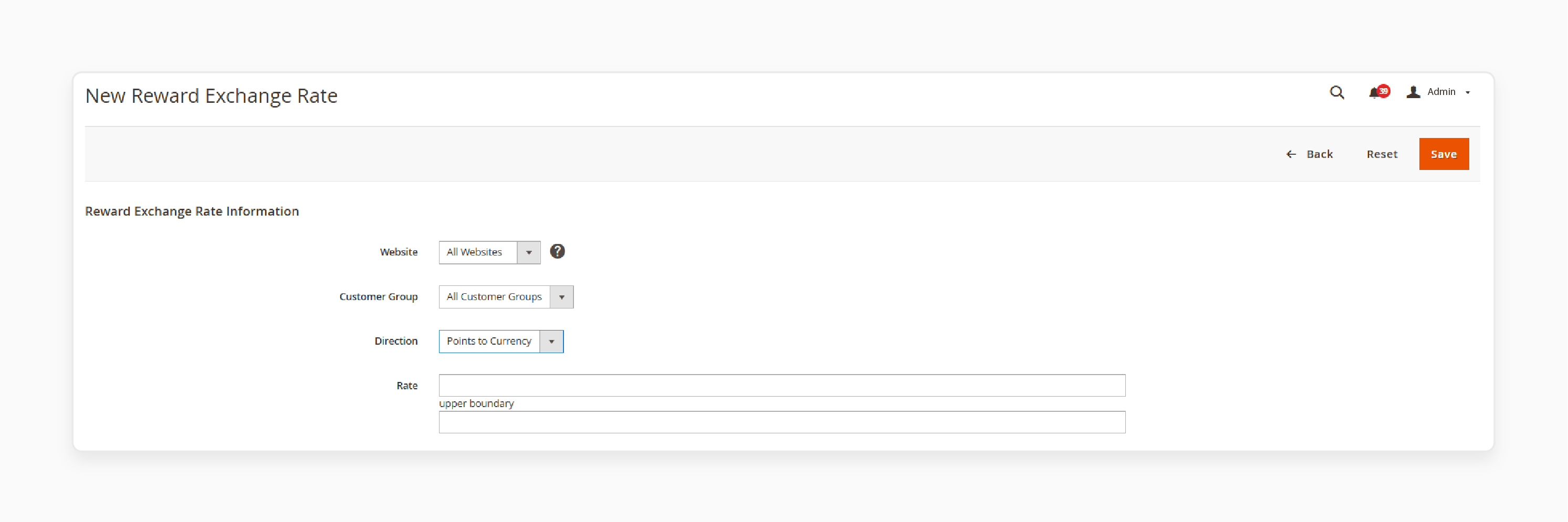 magento admin panel showing setup for reward points to currency exchange rate