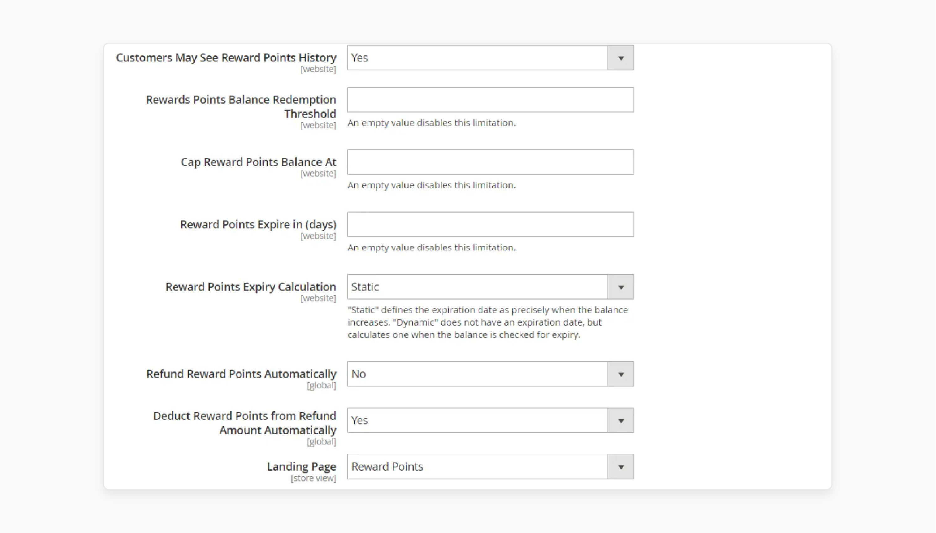 magento reward points configuration screen for redemption thresholds and expiration settings