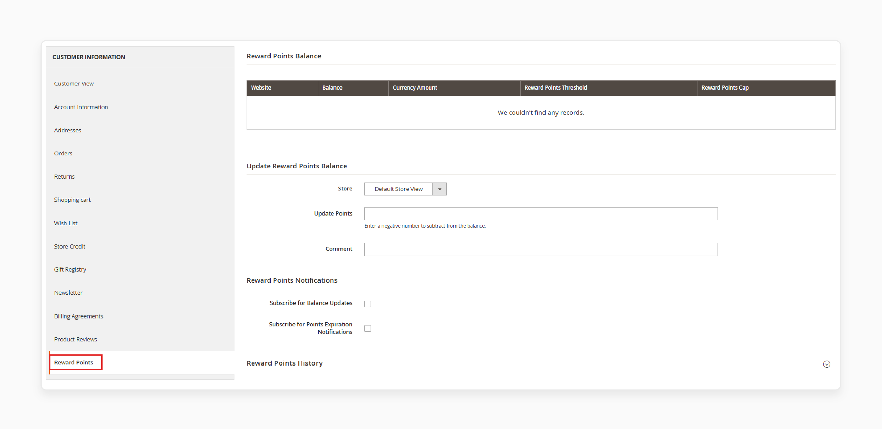 admin view for updating customer reward points balance and history in magento