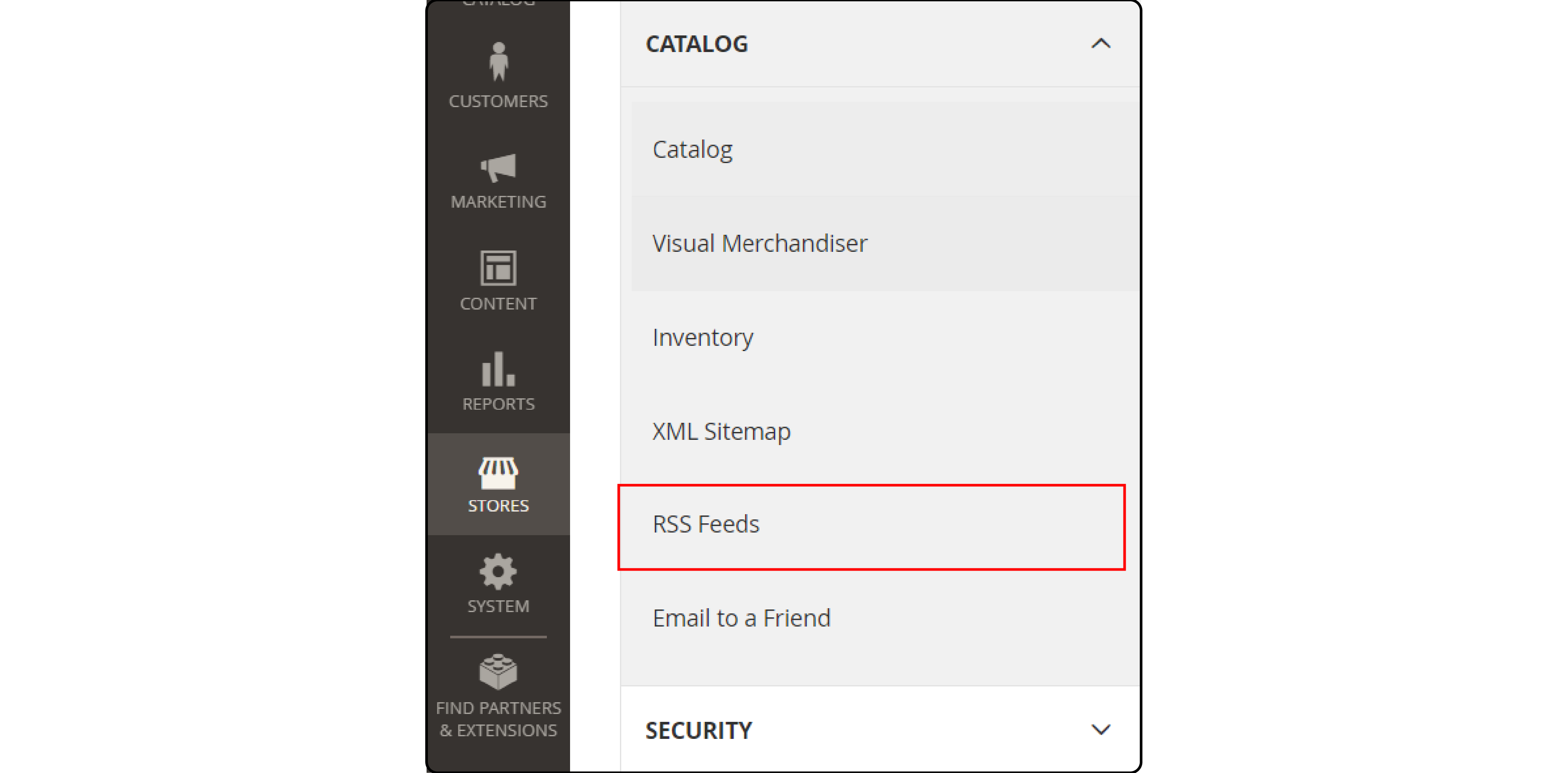 Accessing RSS feed settings within Magento 2 Admin dashboard