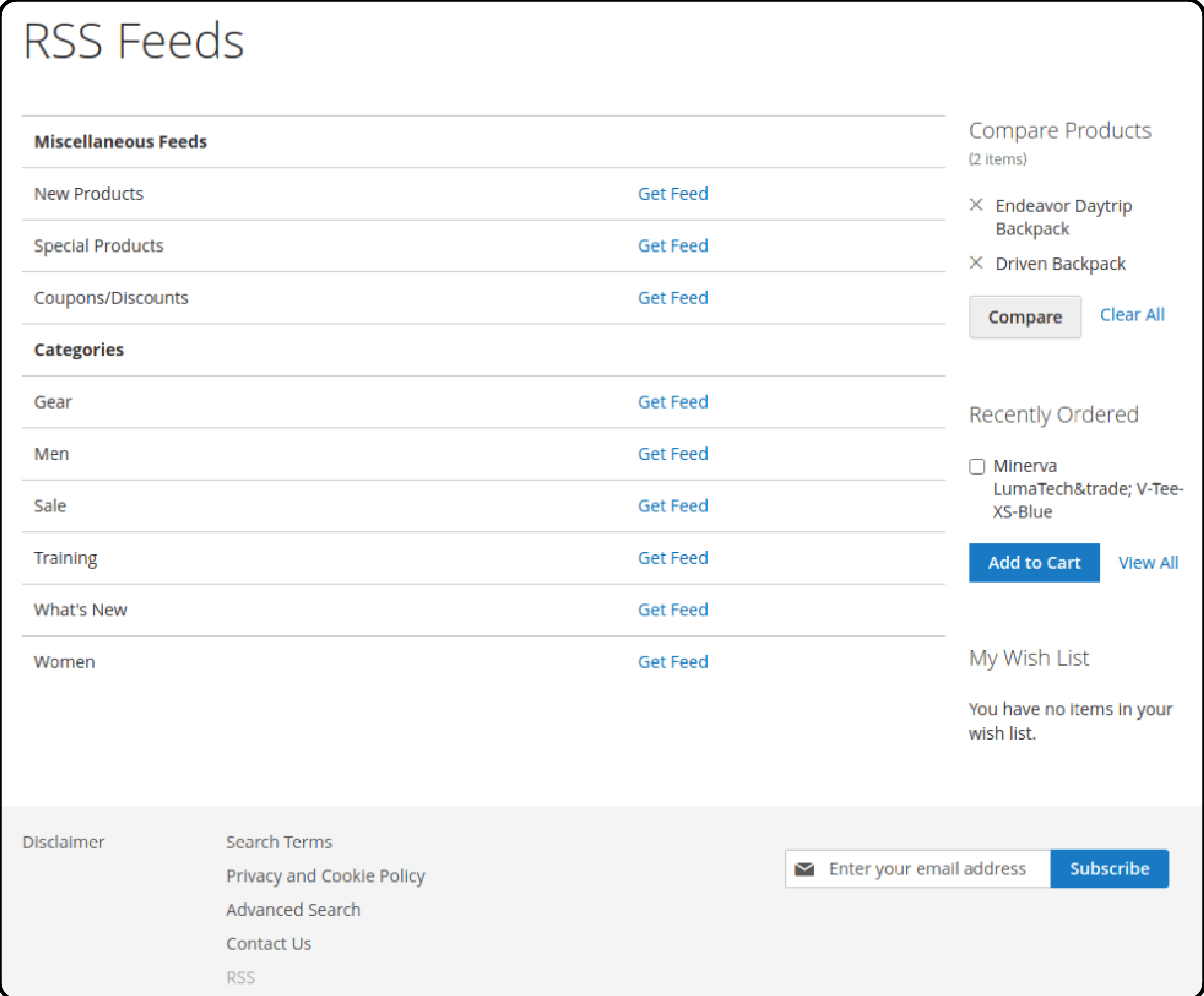 Overview of the six RSS feed types available in Magento 2 including Wish List and New Products