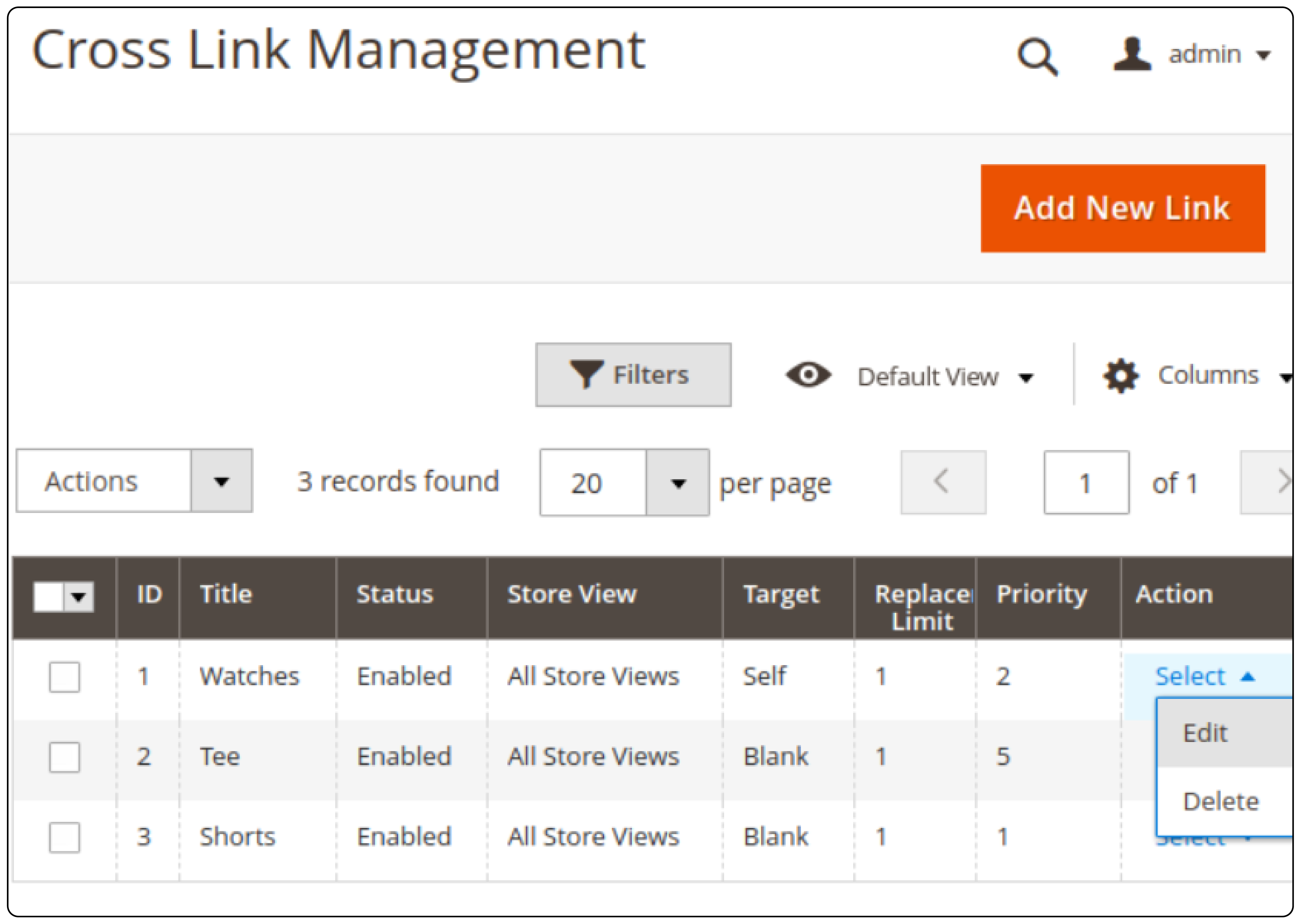 Grid in Magento 2 Cross Links