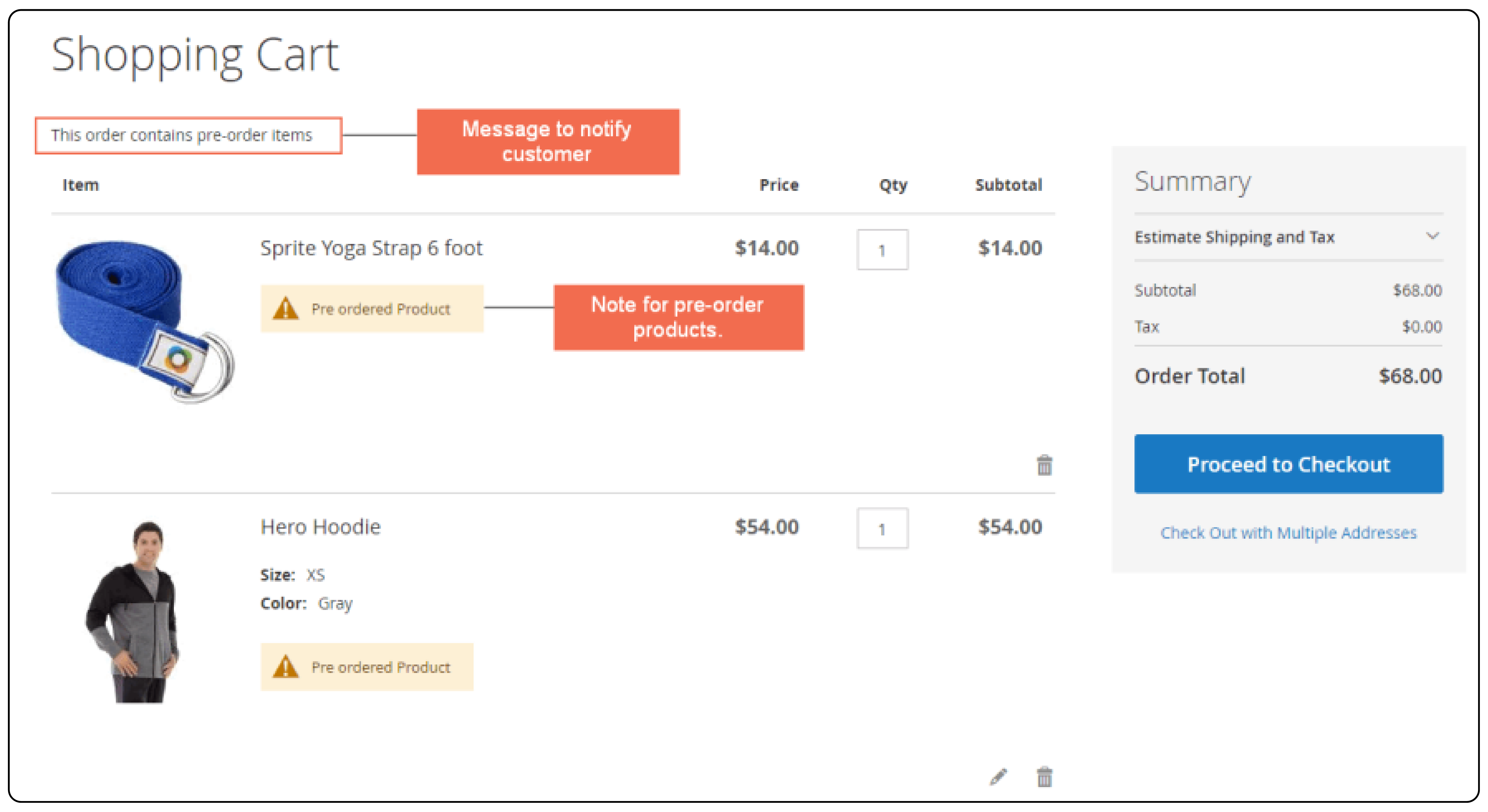 Example of Pre-Order product note in shopping cart and order page on Magento 2
