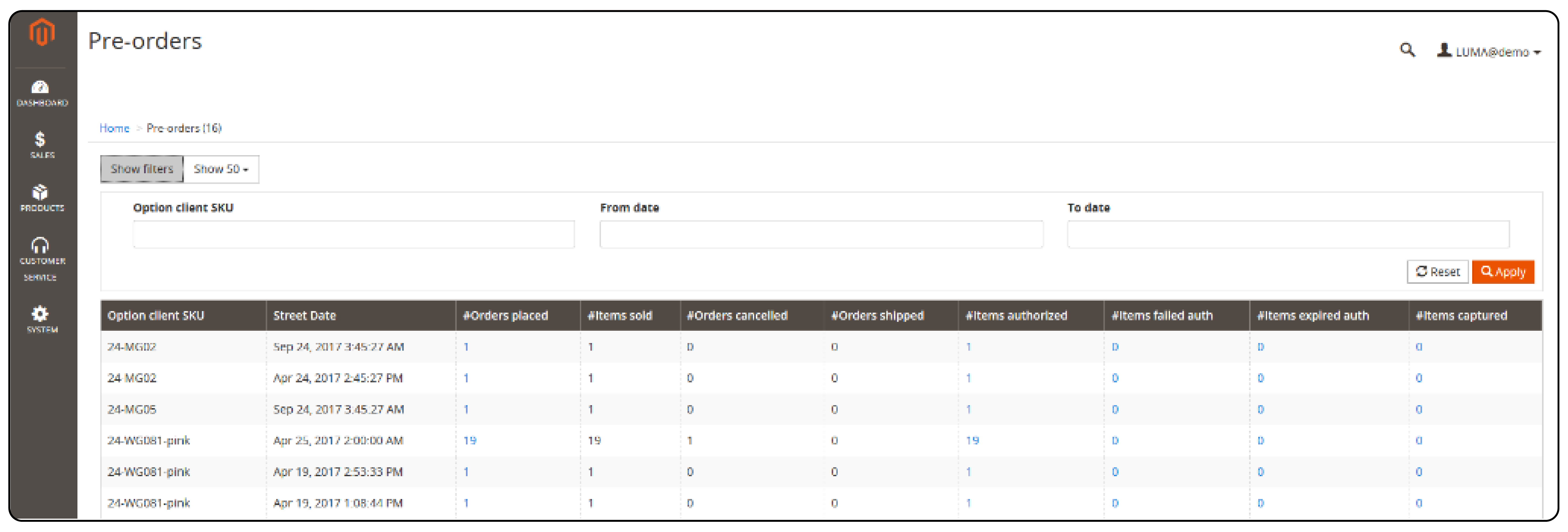 Navigating to Pre-Orders section in Magento 2 sales operations