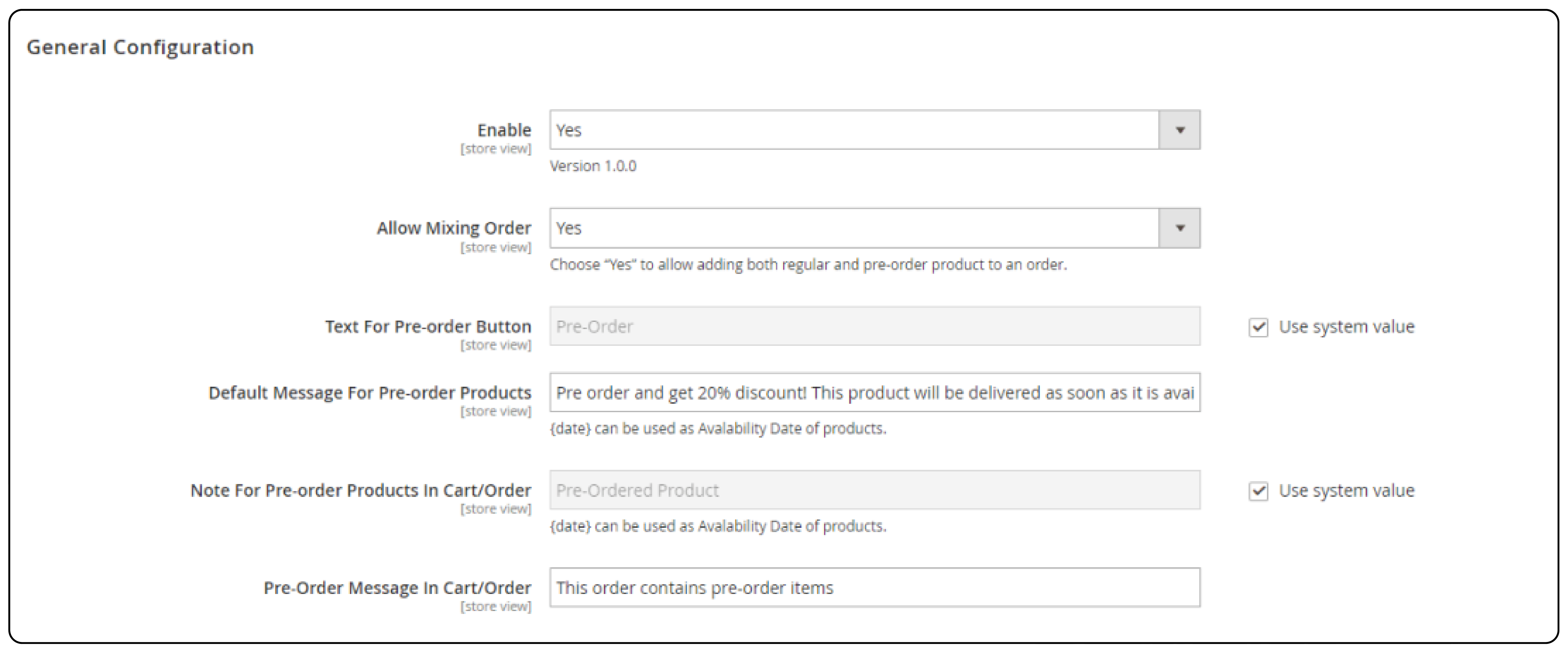 Magento 2 dashboard showing general configuration settings for Pre-Order functionality