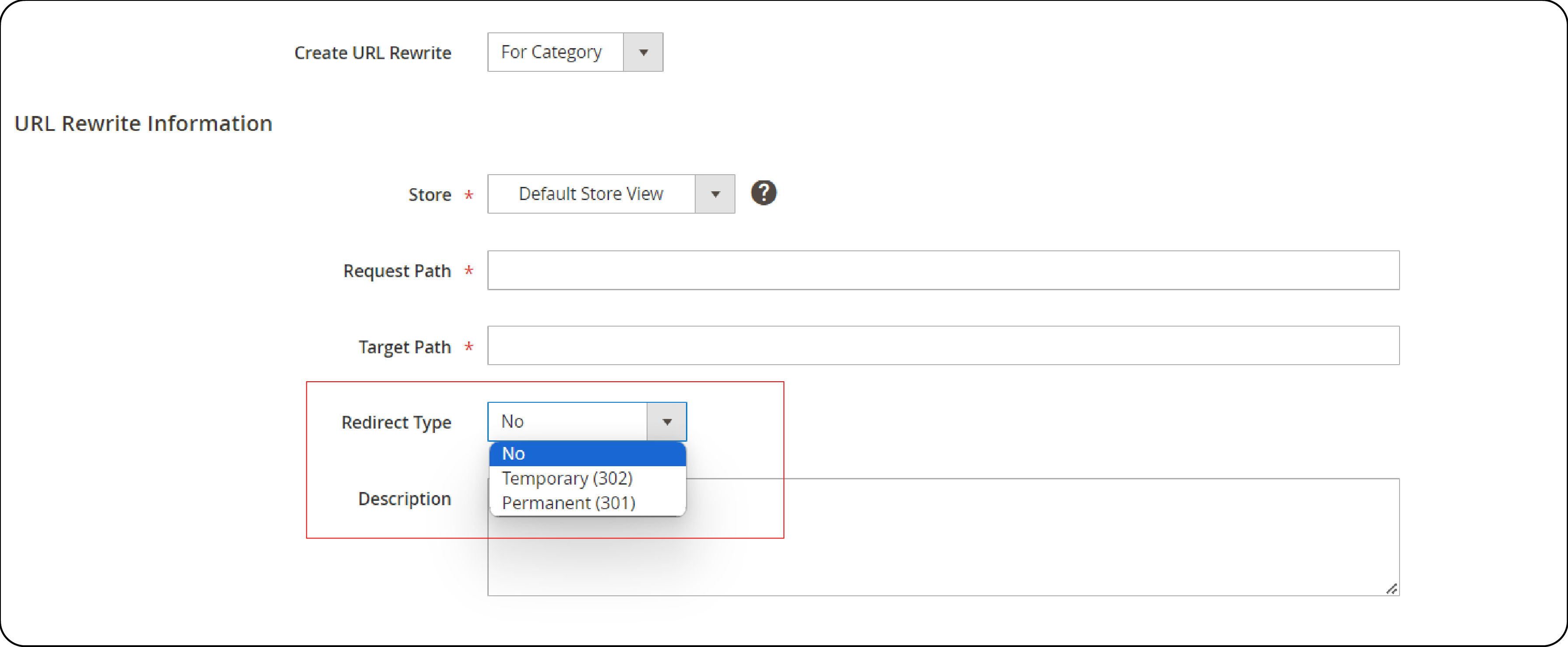 Choosing a redirect type for Magento 2 URL category rewrite