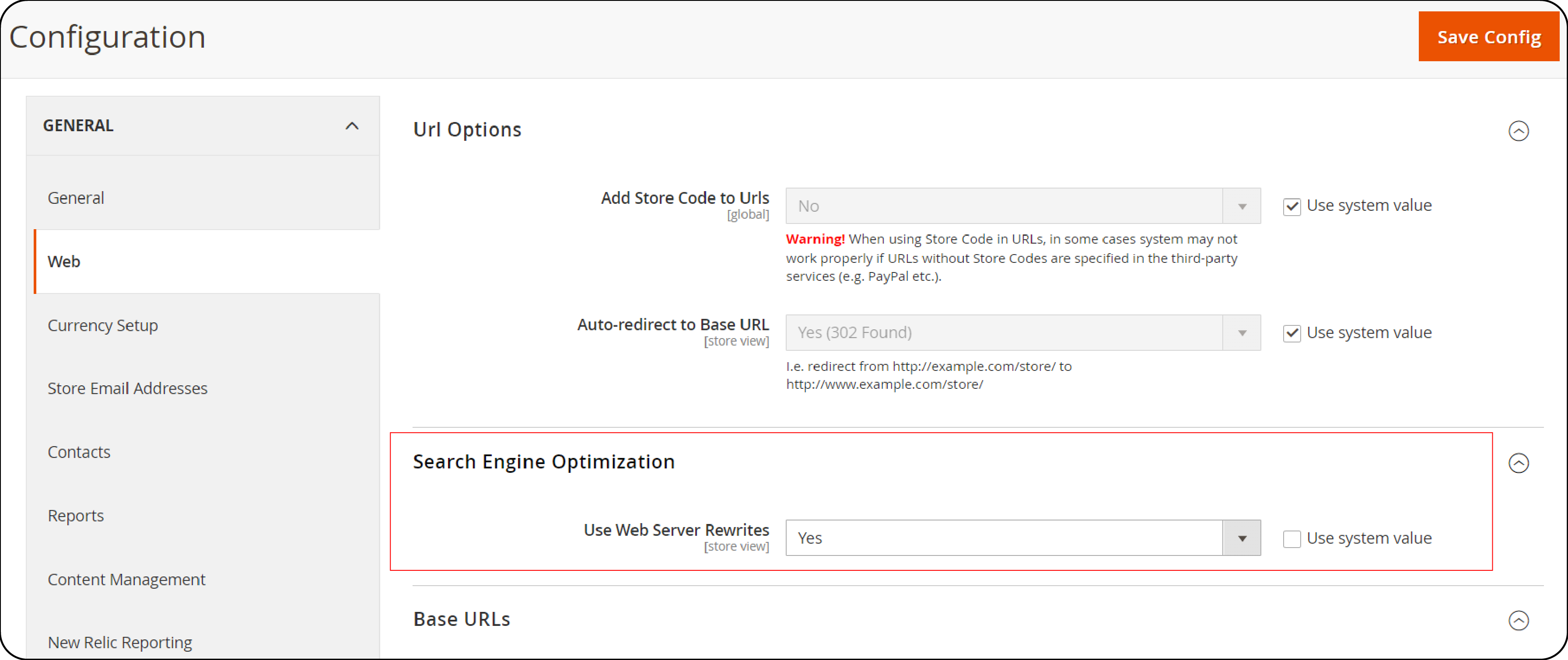 Navigating to the Search Engine Optimization section in Magento 2 for URL rewrites