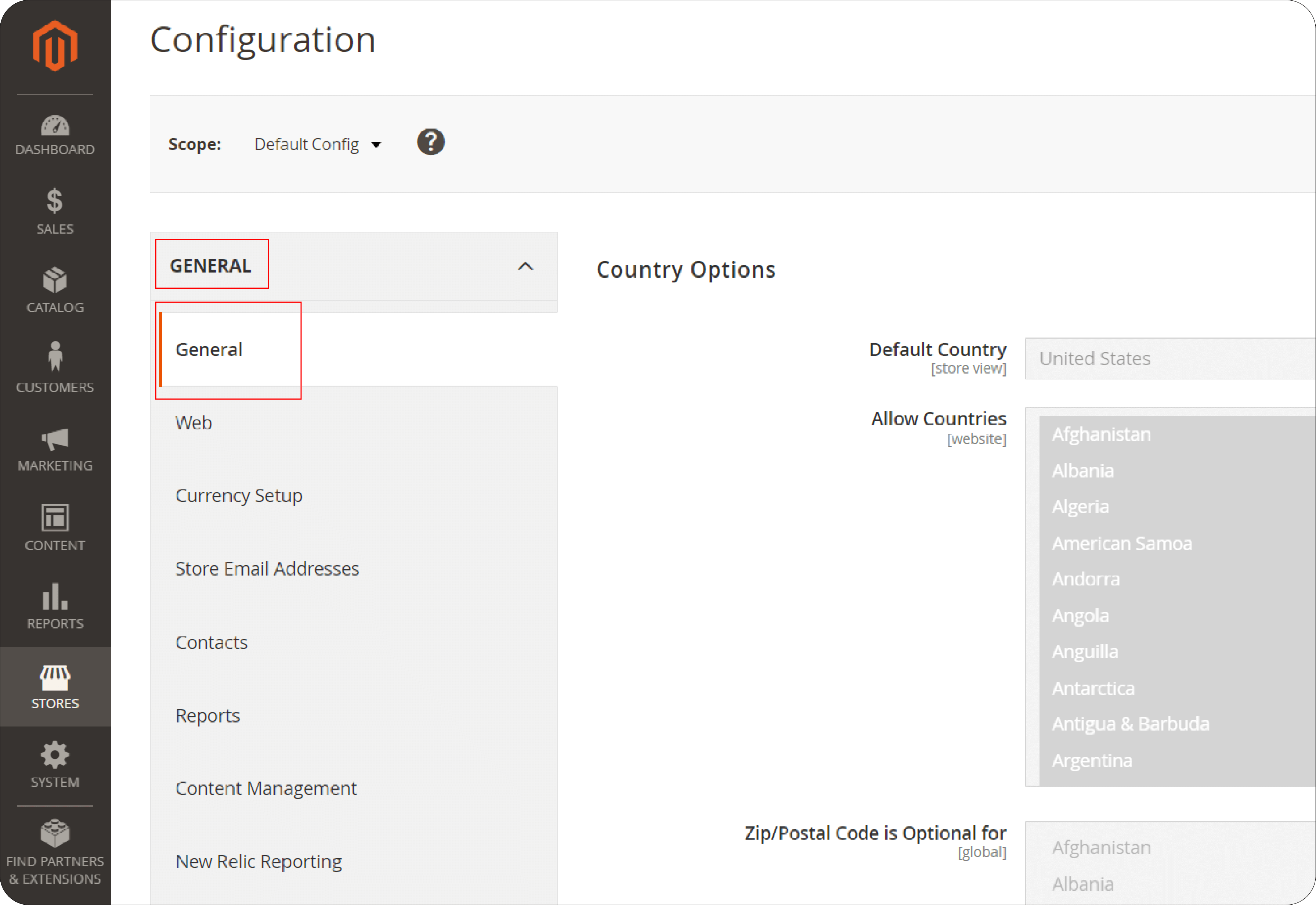Accessing general settings in Magento 2 for VAT ID and country registration