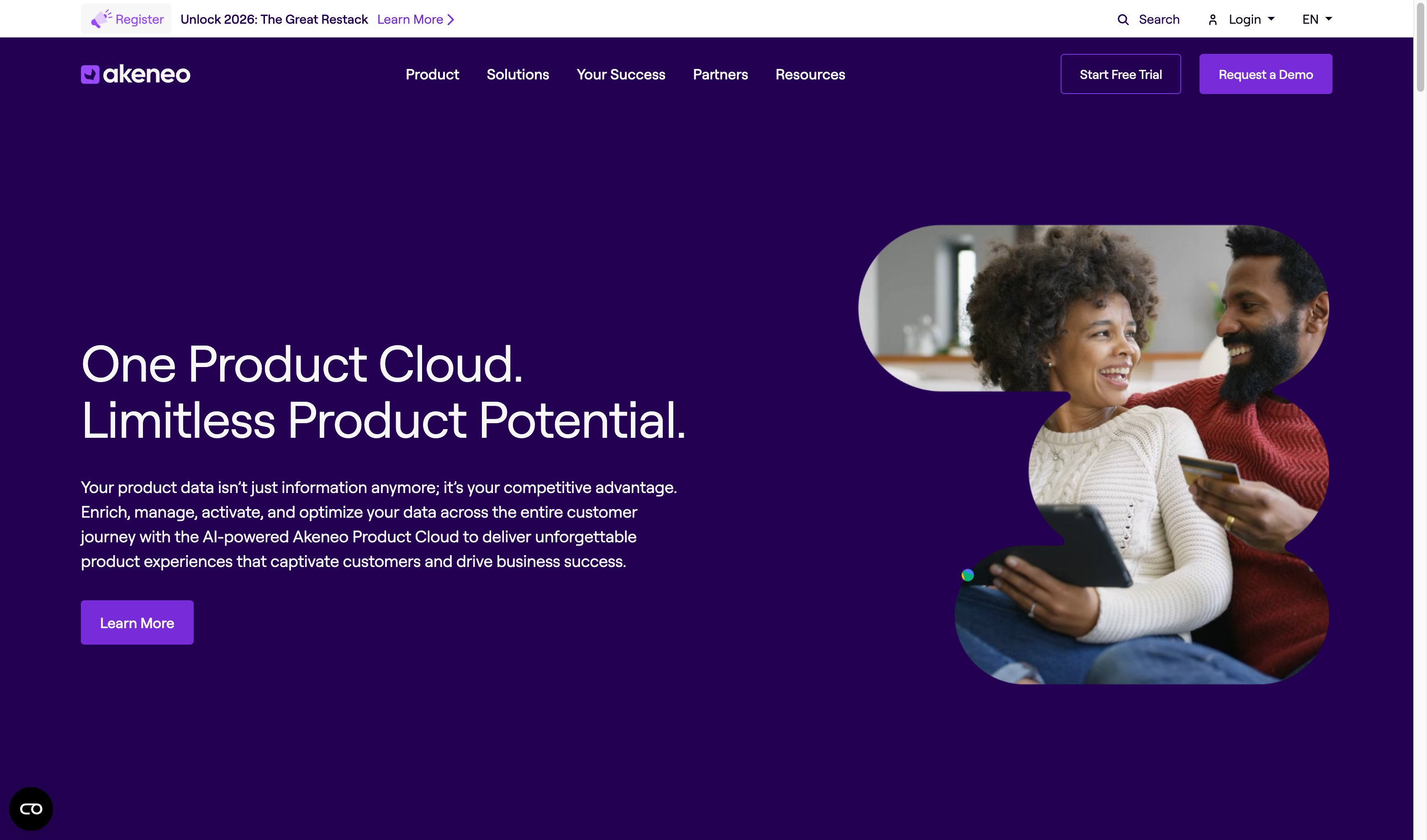 Akeneo PIM homepage showing the AI-powered Product Cloud for Magento 2 integration
