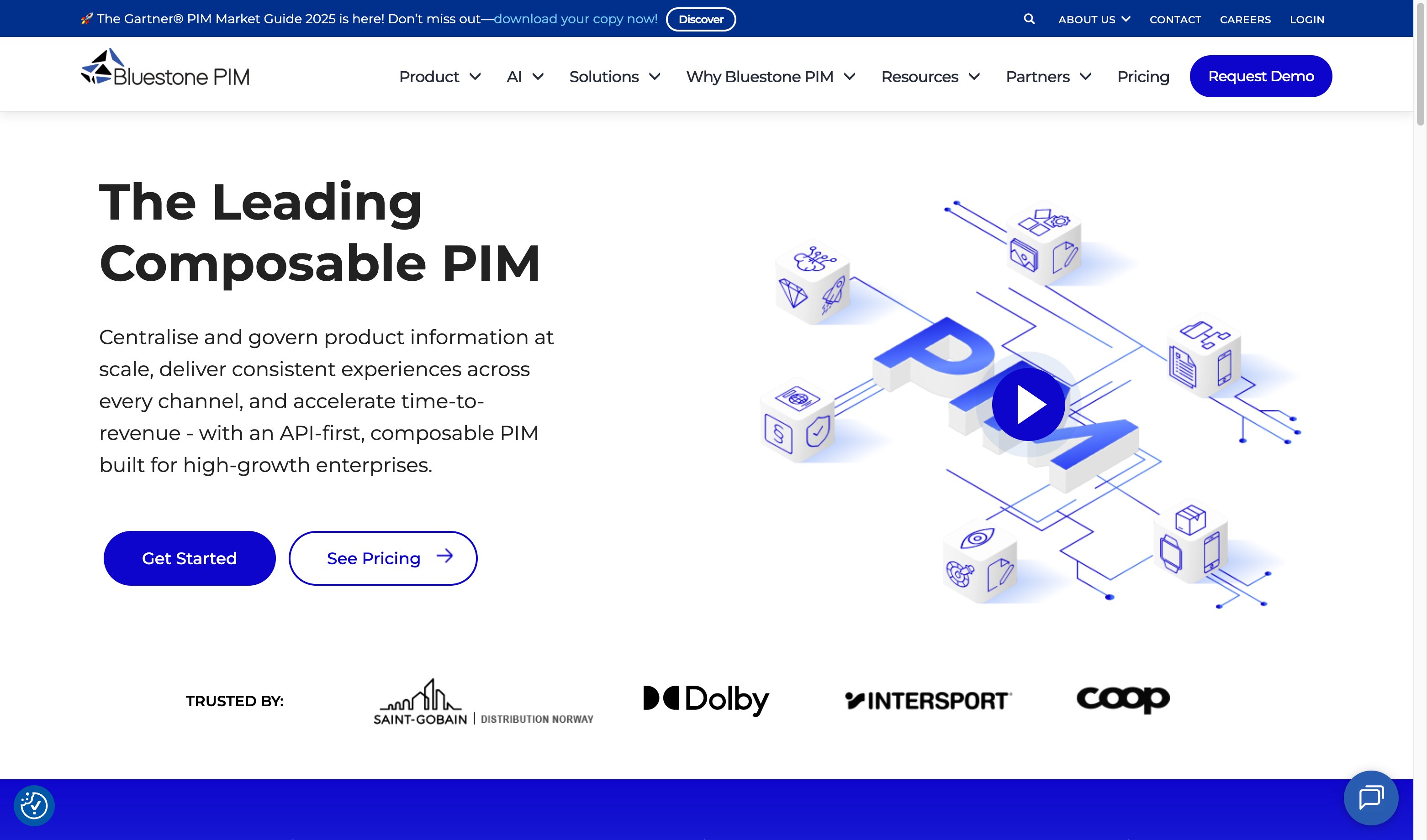 Bluestone PIM homepage showing the leading composable PIM for B2B enterprise commerce