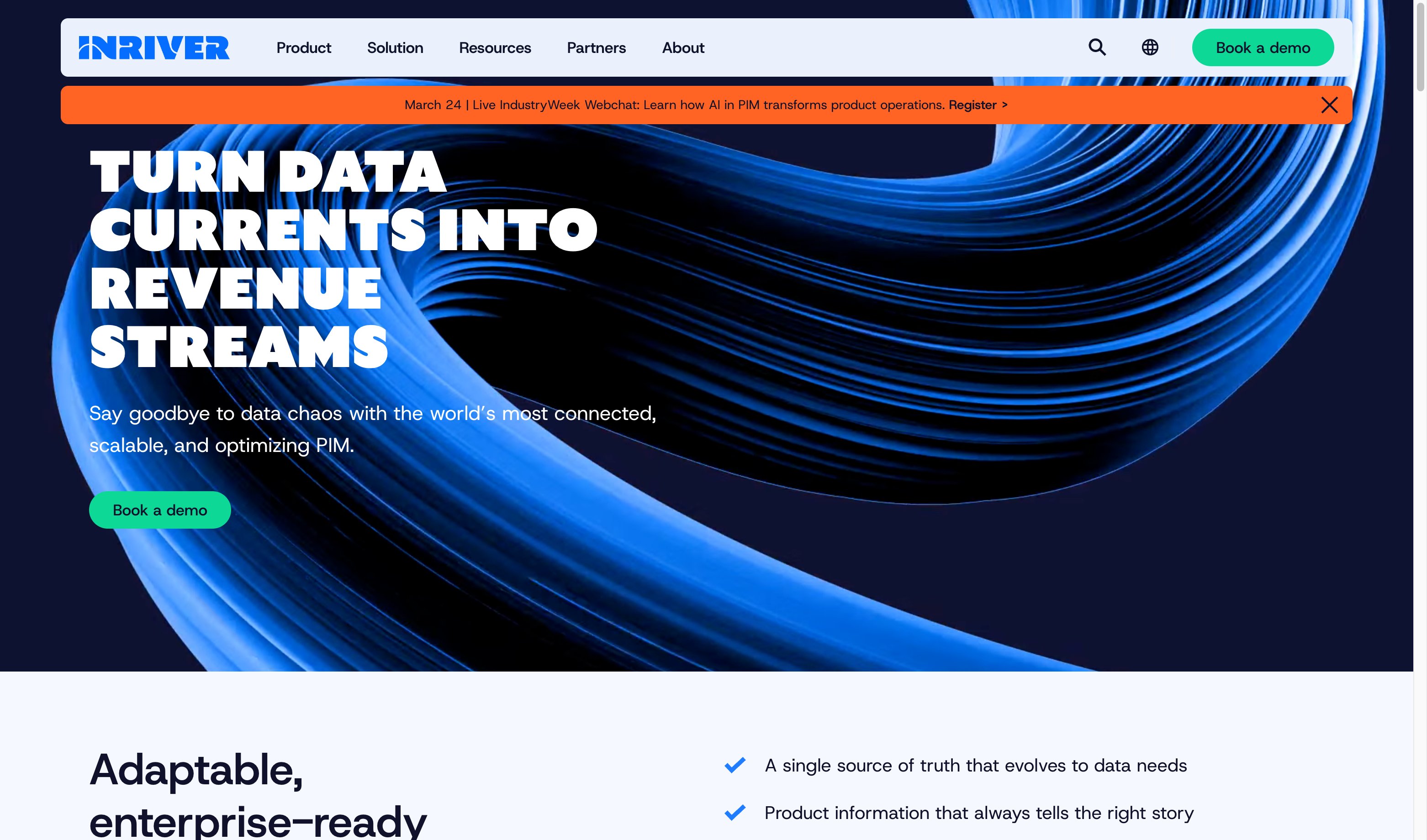 inRiver PIM homepage showing the enterprise-grade product information management platform