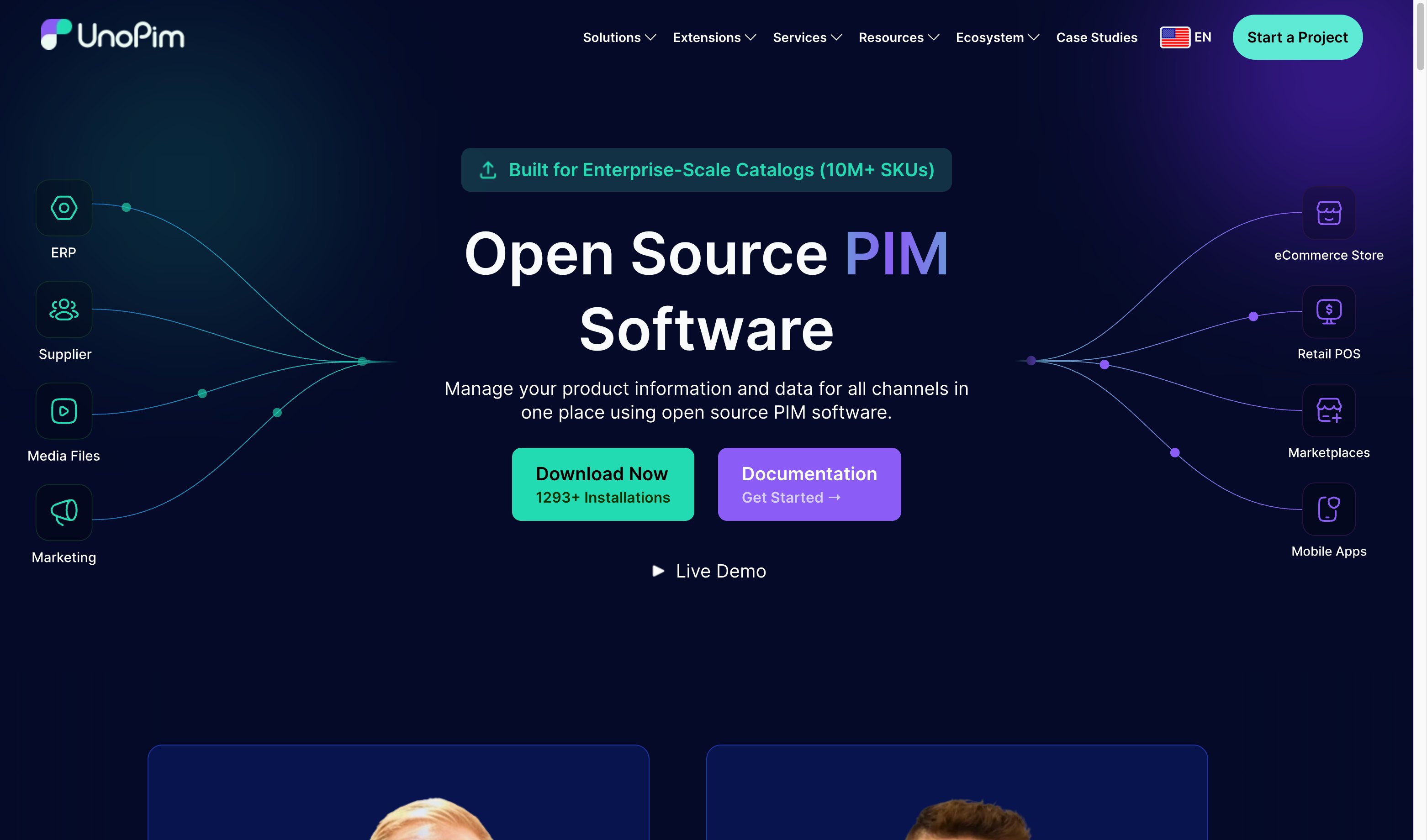 UnoPIM open-source PIM software homepage with download and documentation options for Magento 2