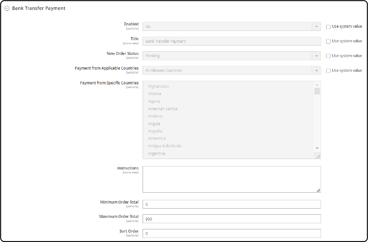 Configuration of Magento 2 Bank Transfer Payment Section