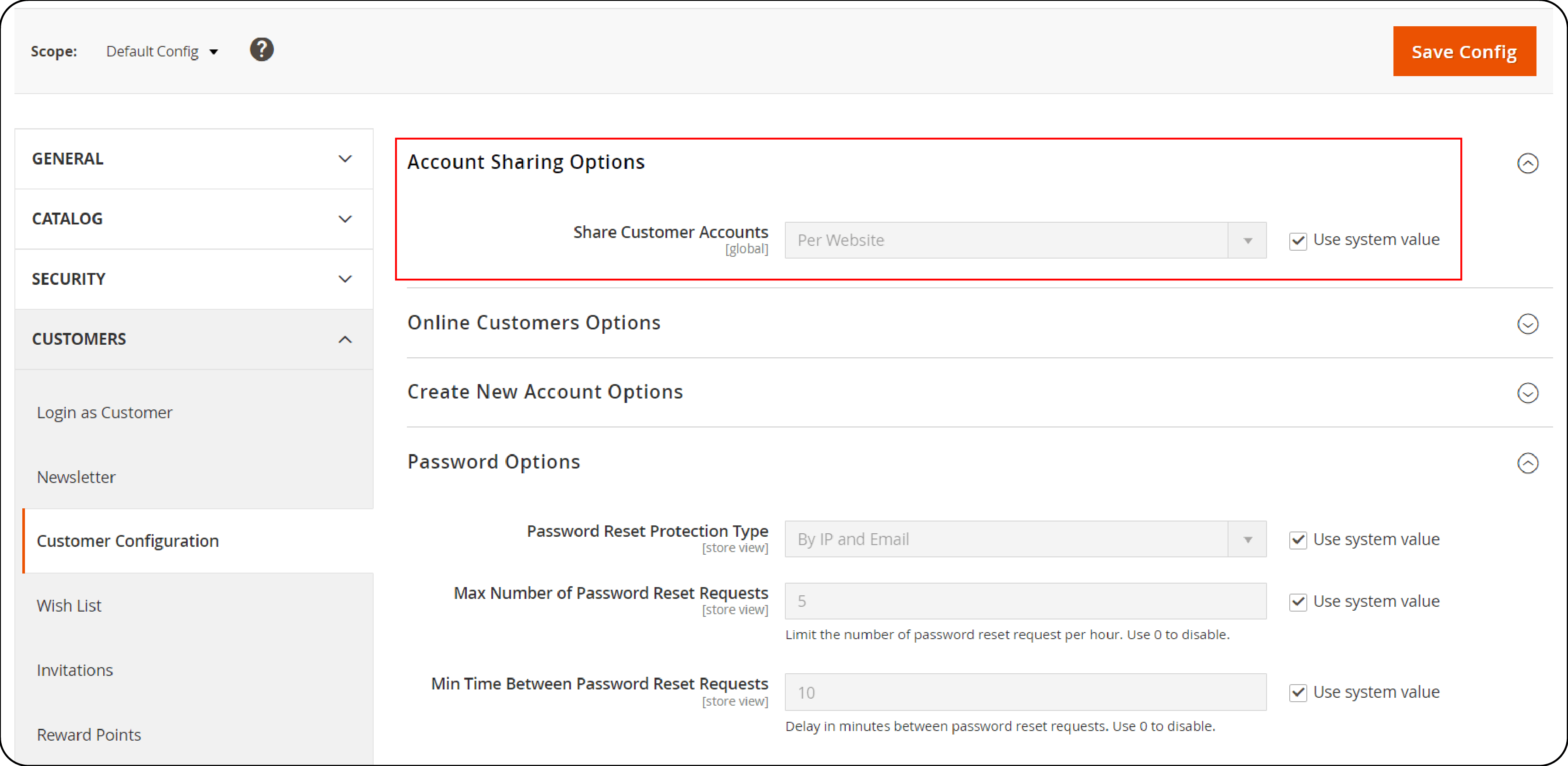 Expanding account sharing options in Magento 2 for customer account scope settings