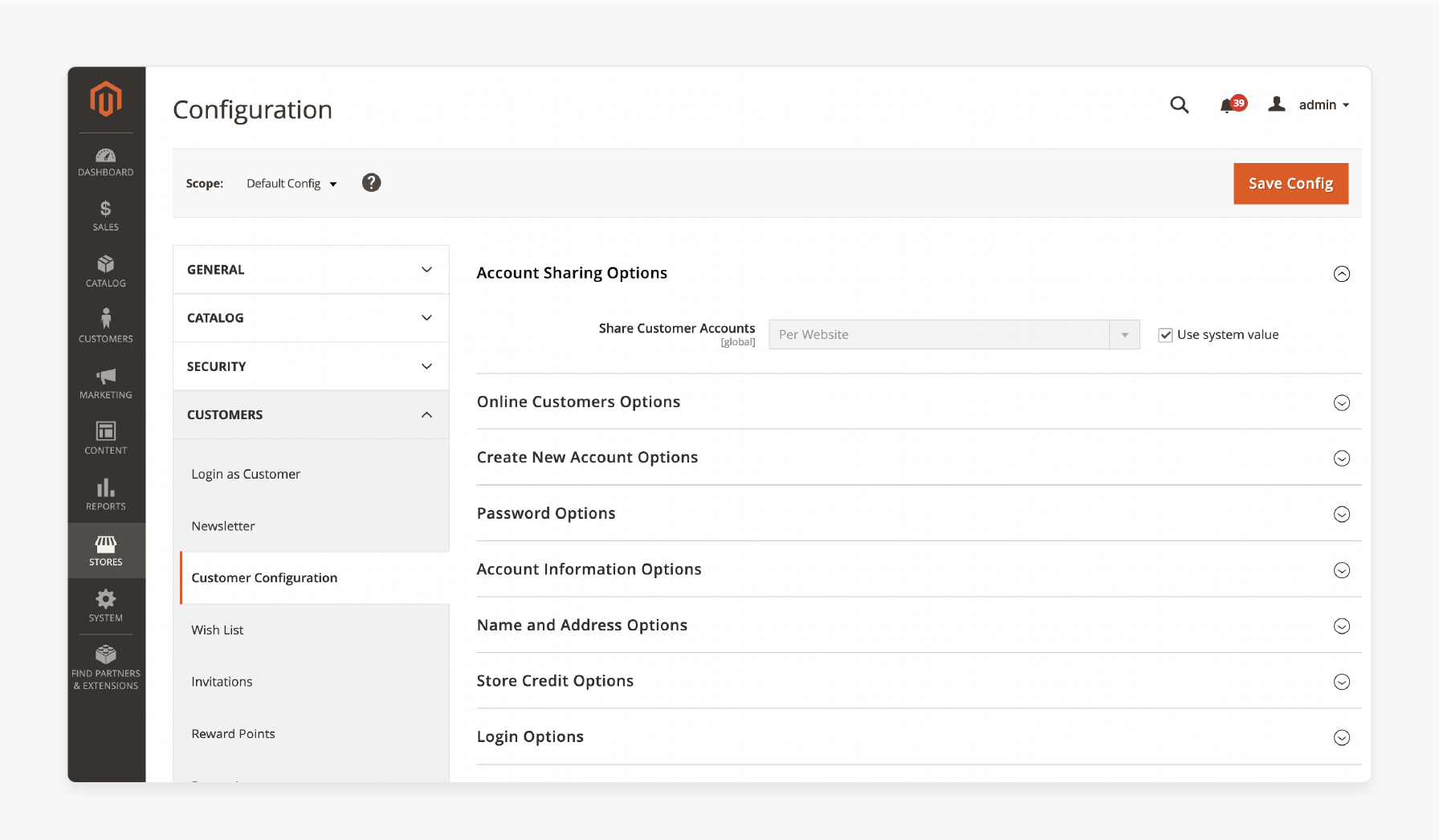 Customer Section in Magento 2 Customer Account Scope