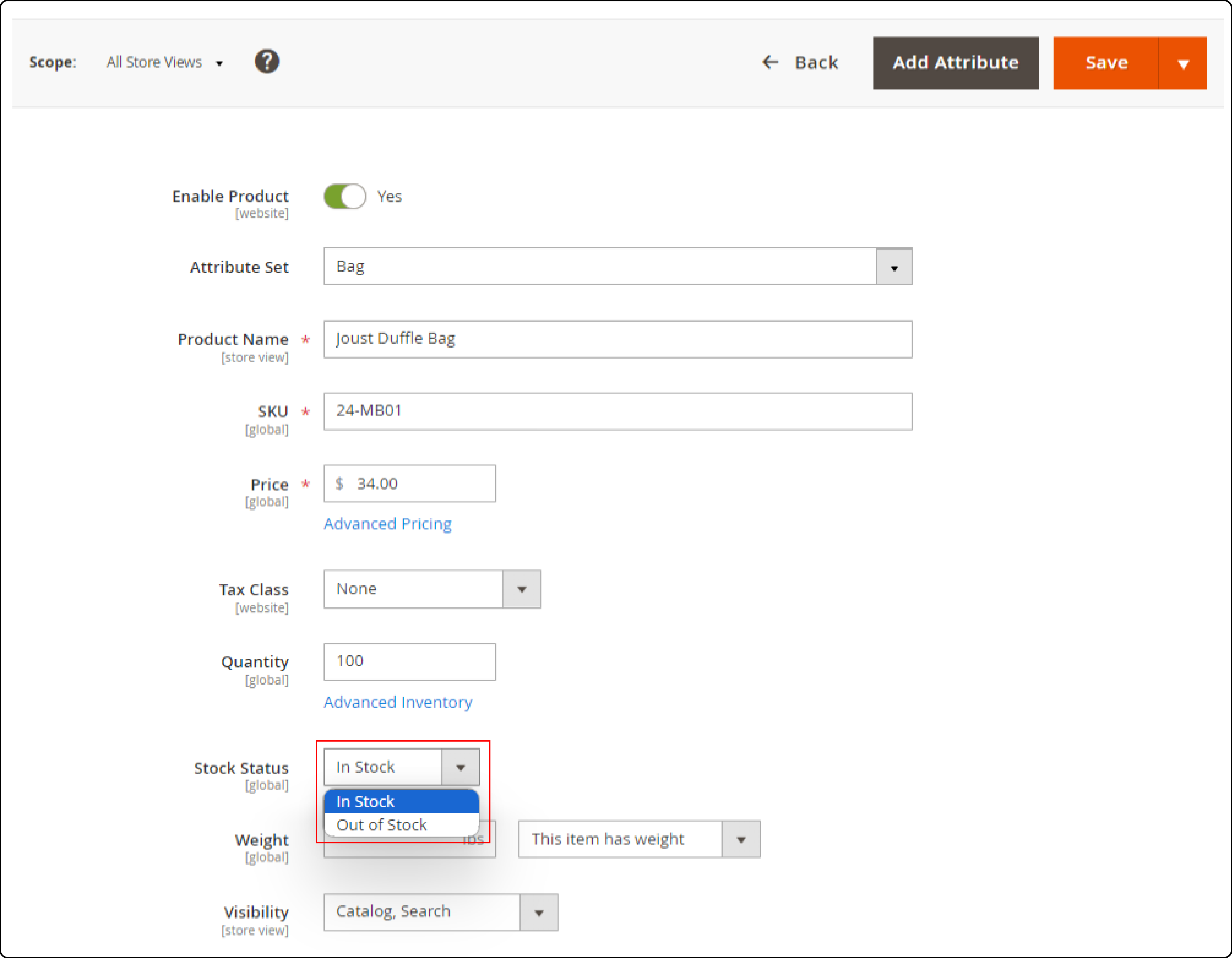 Configure stock status to add new stock in Magento 2