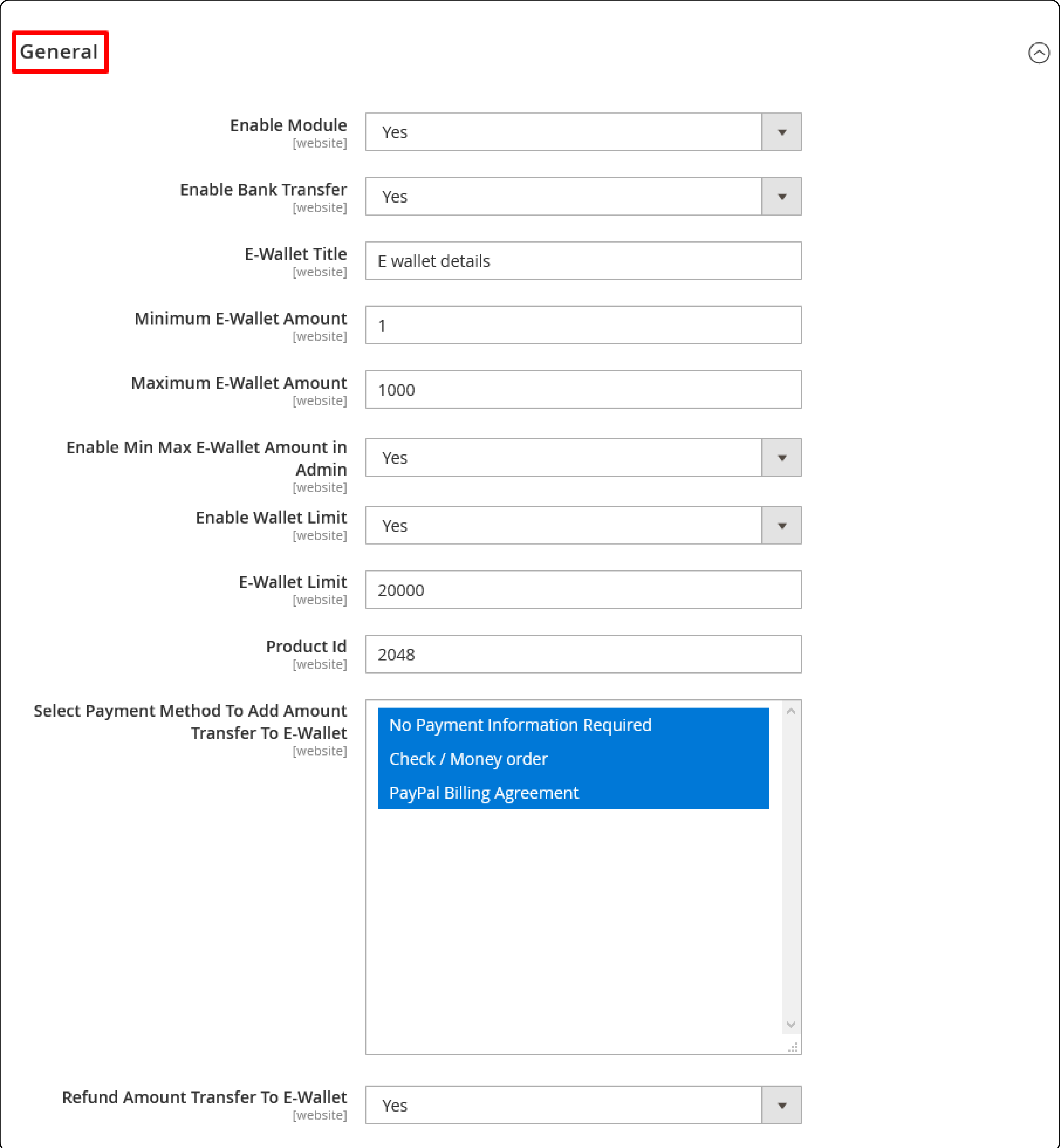 General settings for Magento Wallet