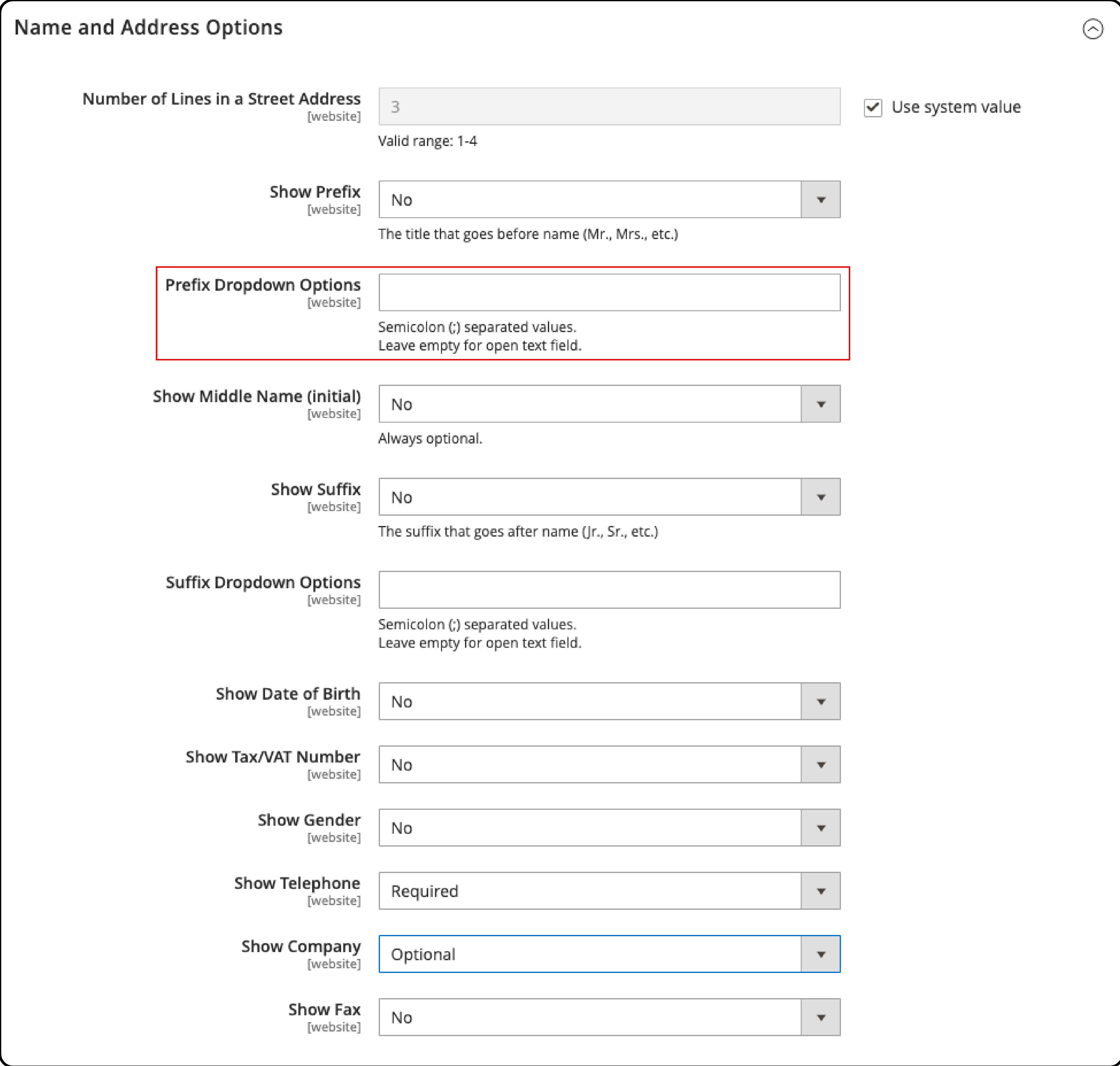 Step 7: Enter Prefix Dropdown Options