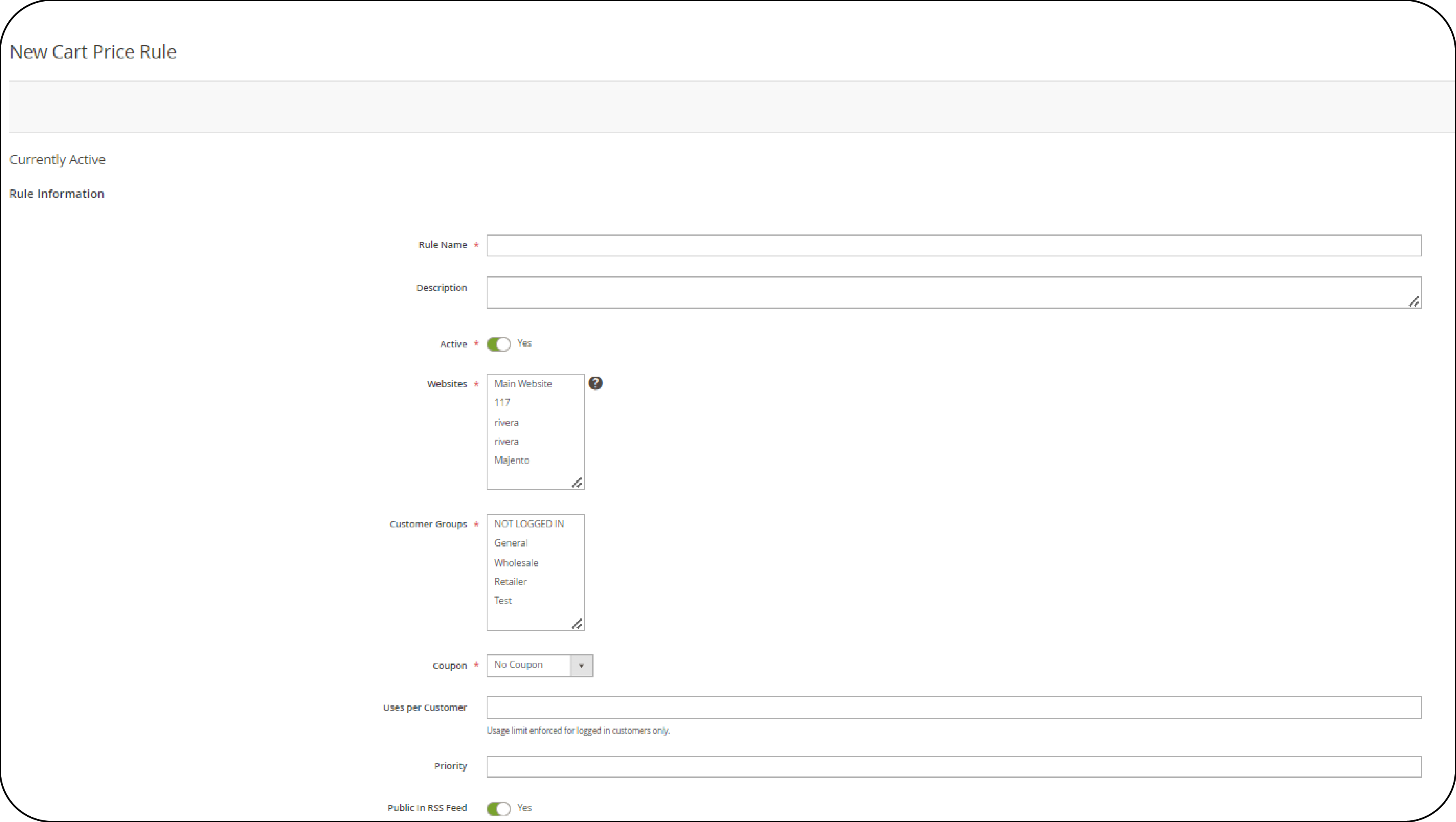 Entering details for a new Magento 2 cart price rule in admin panel