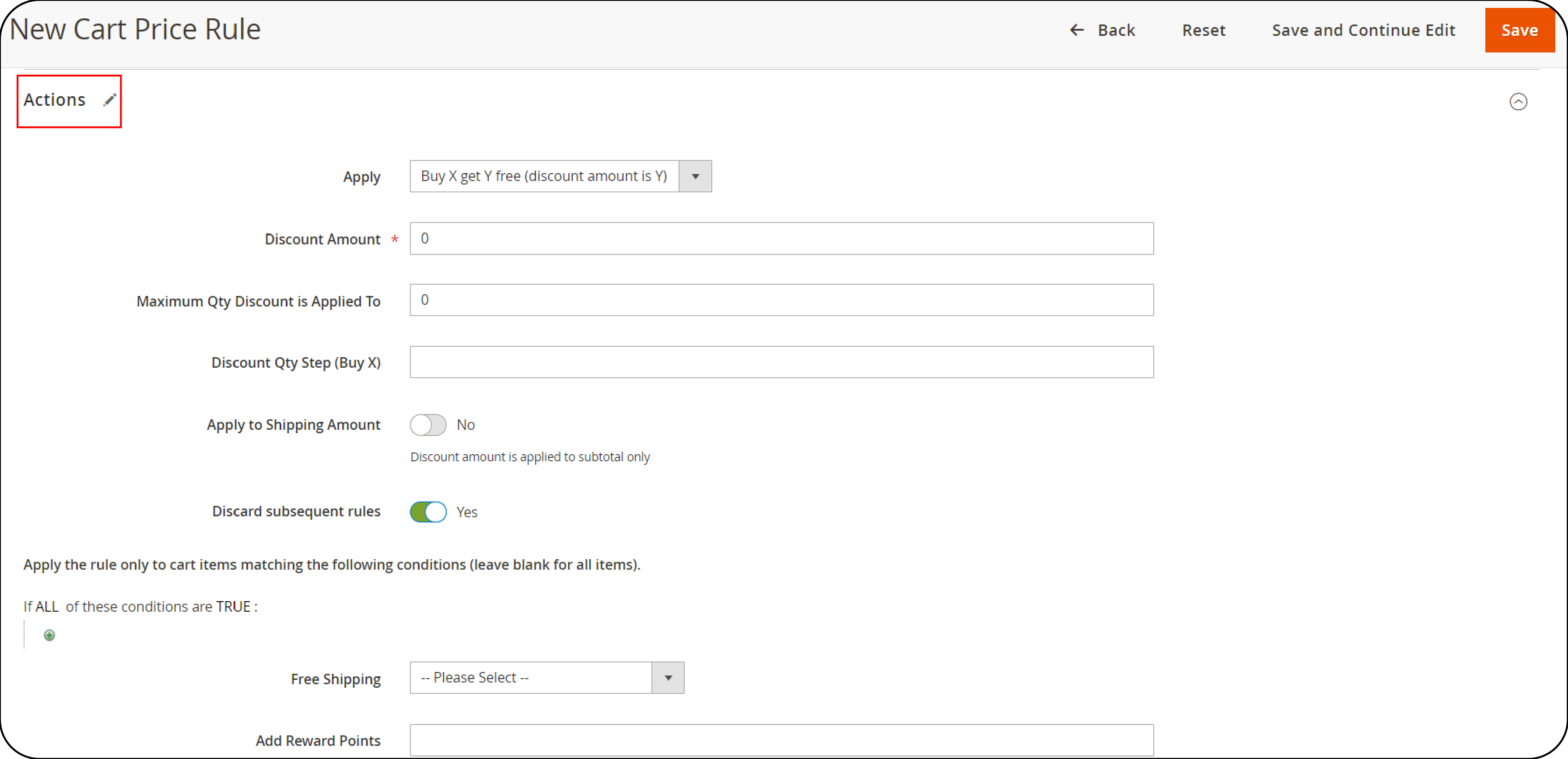 Setting up action rules for Magento 2 promotions in the admin interface