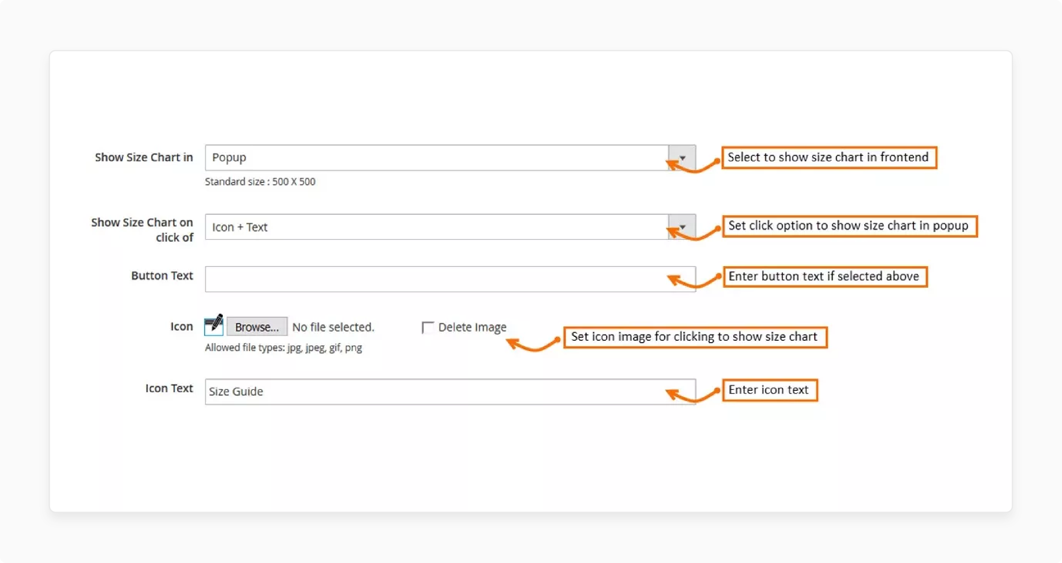 Choose how to show the Magento 2 Size Chart in general settings