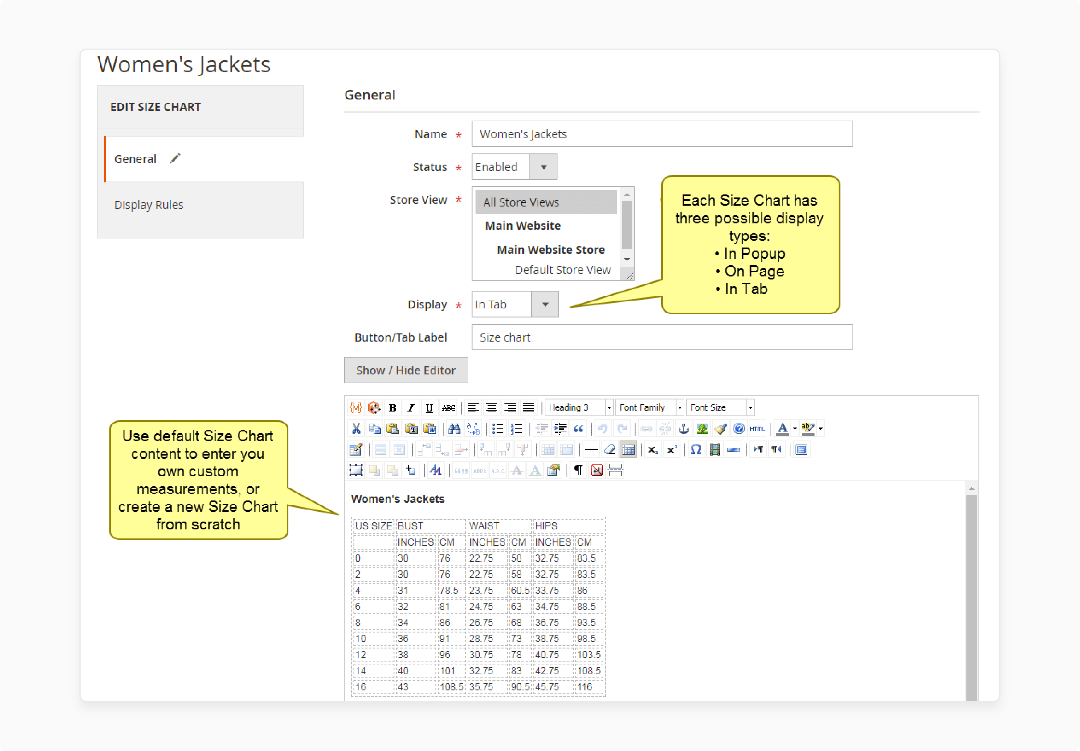 Focus on the Magento 2 Size Chart customizations