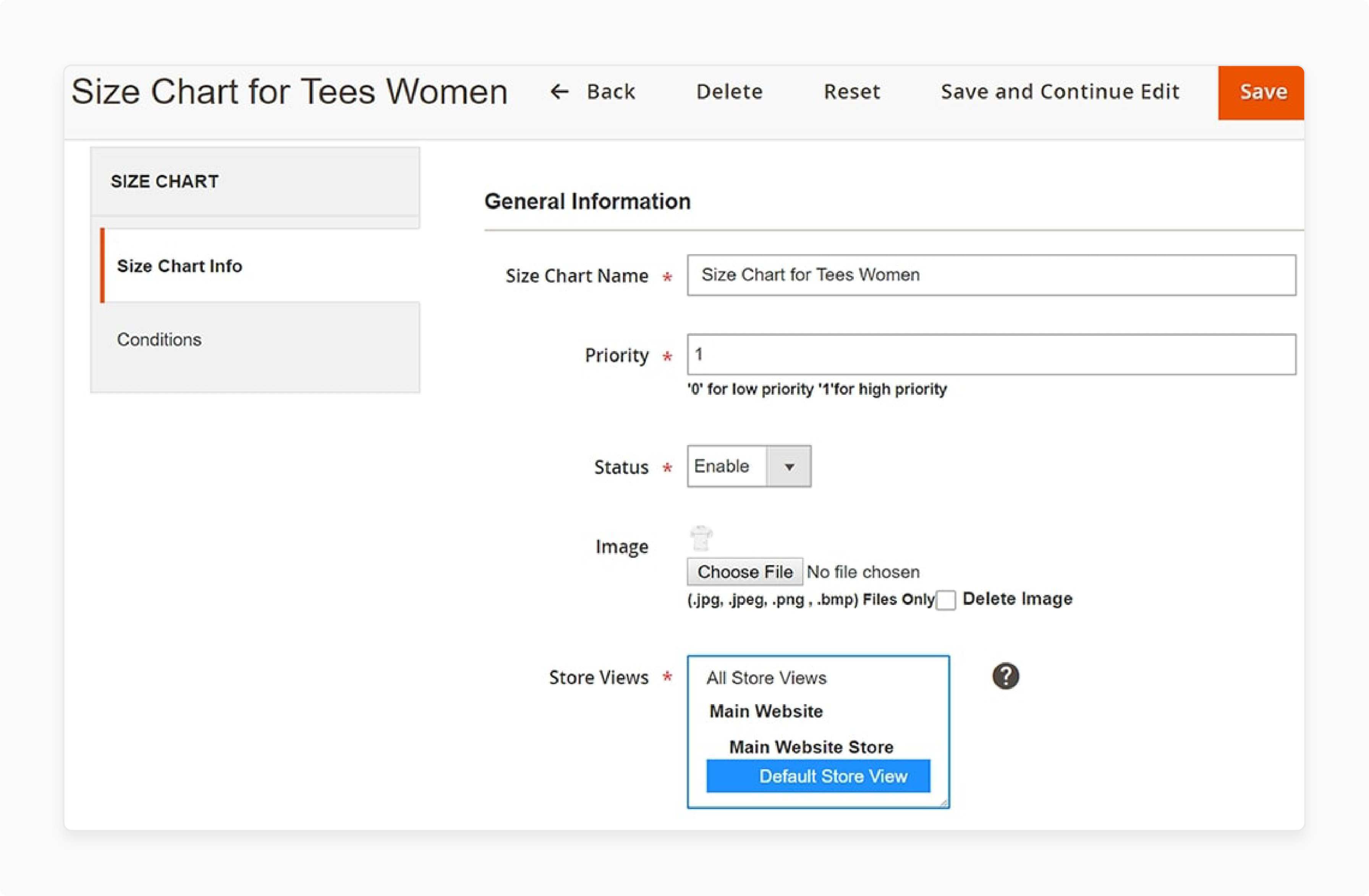 Configure the Magento 2 Size Chart general settings