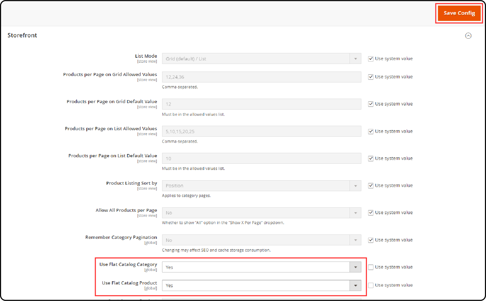 Enable the flat catalog-Expand the Storefront section and save configuration