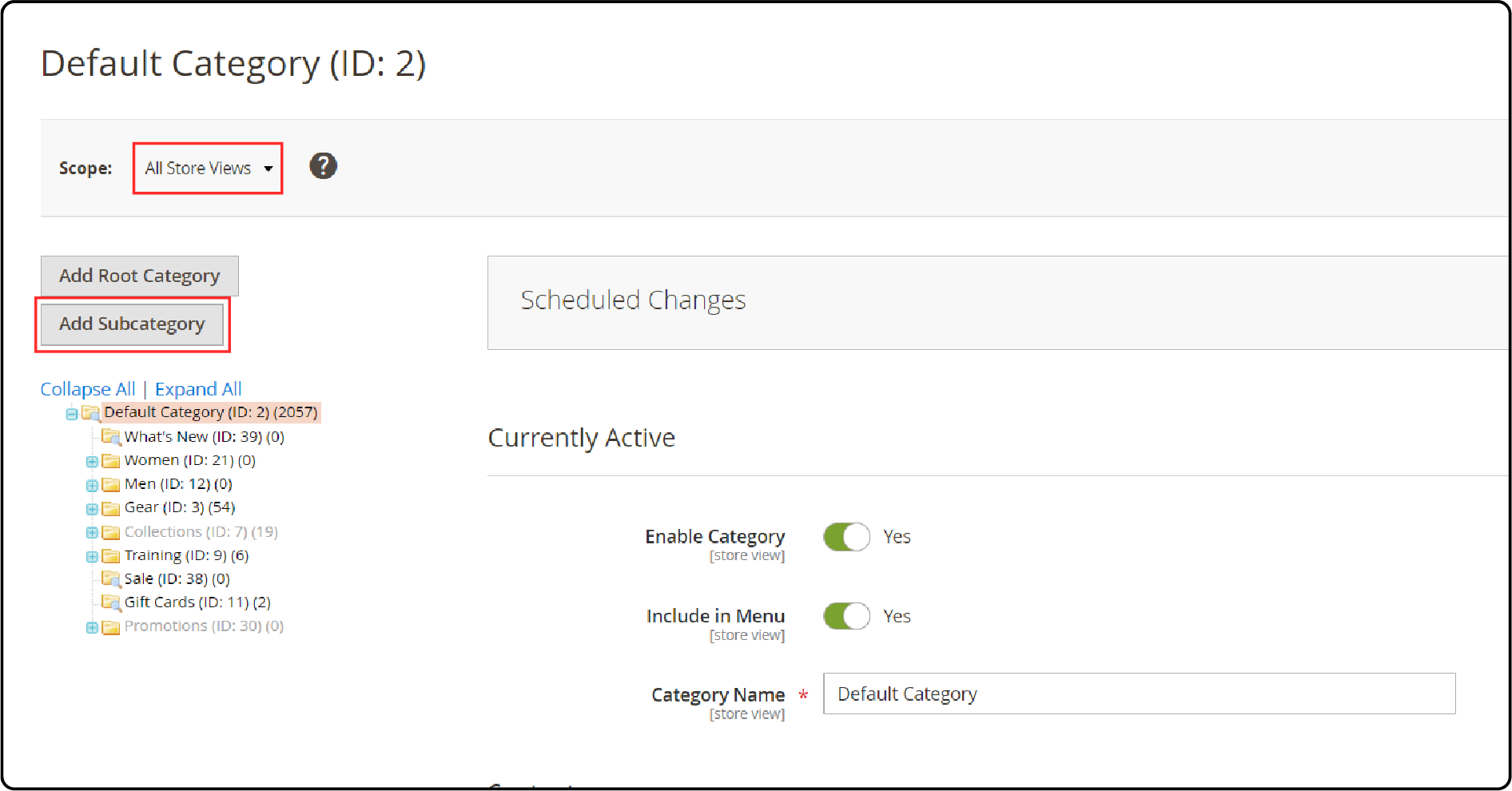 Verify for a category-ensure that Store View is set to All Store Views and cick add subcategory