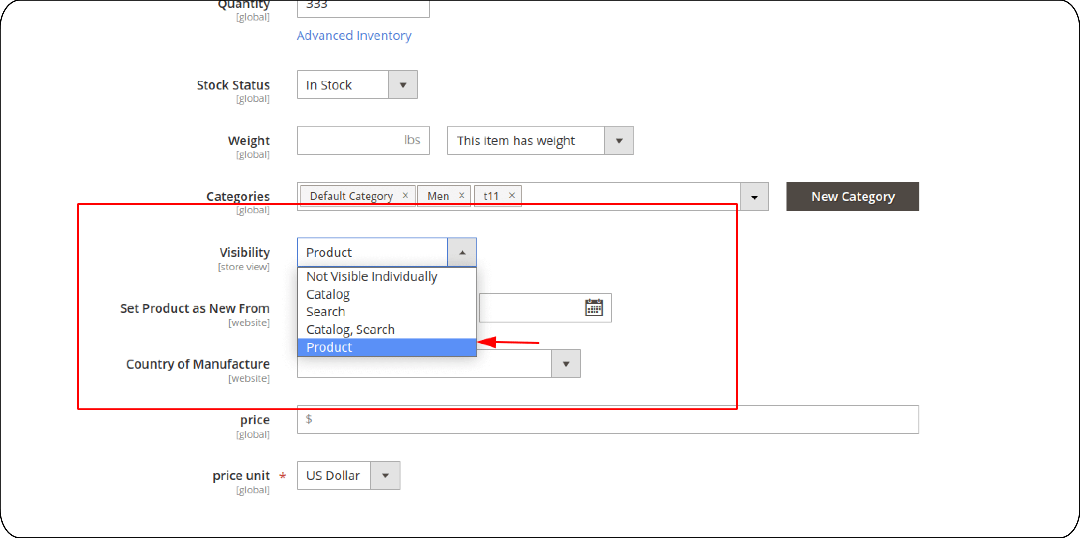 Visbility settings for Magento catalog sync