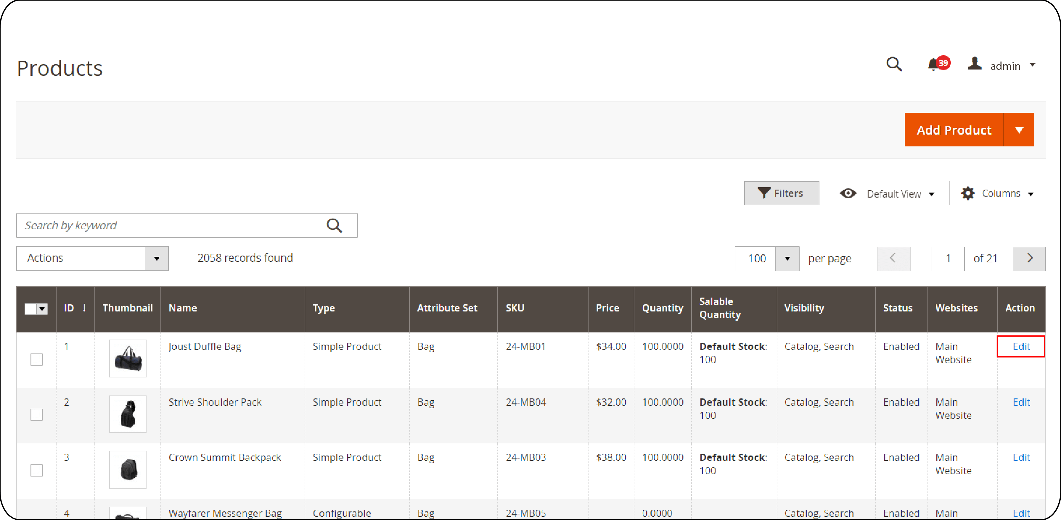 Products page to configure Magento catalog sync