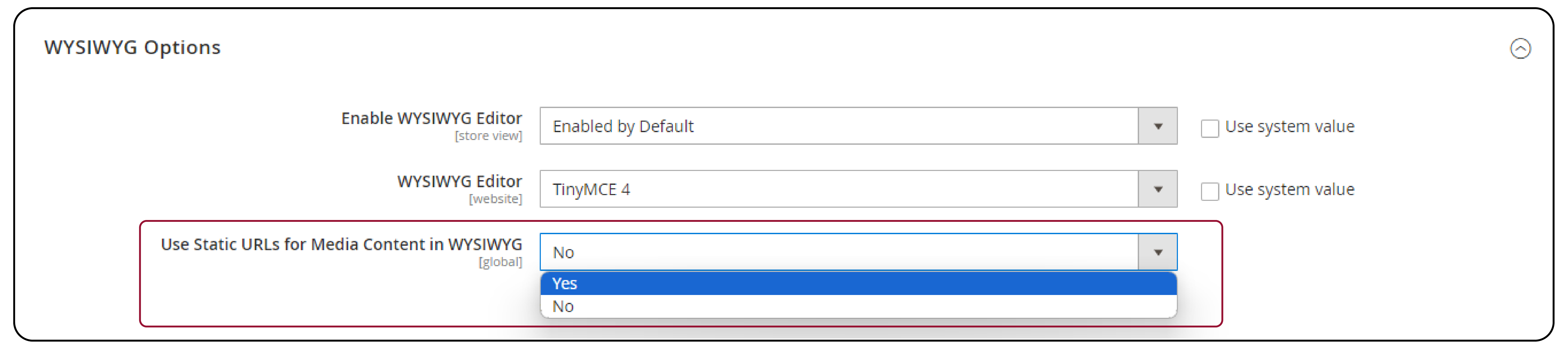 Configuring static URLs for media content in Magento 2 WYSIWYG Editor