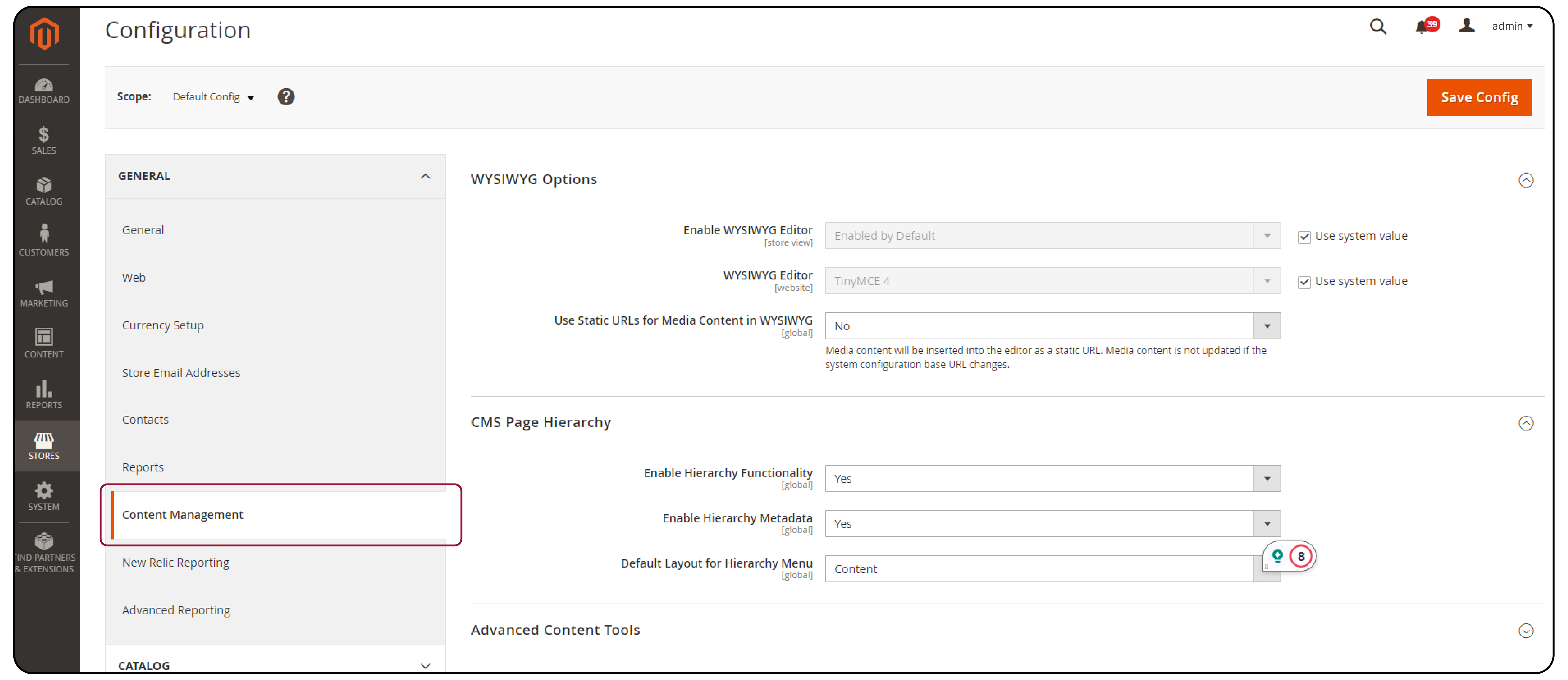 Navigating through content management settings in Magento 2