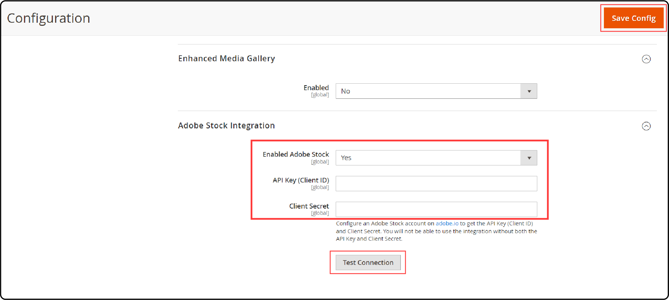 Configure the Adobe Stock integration-Set Enabled Adobe Stock to Yes and save changes