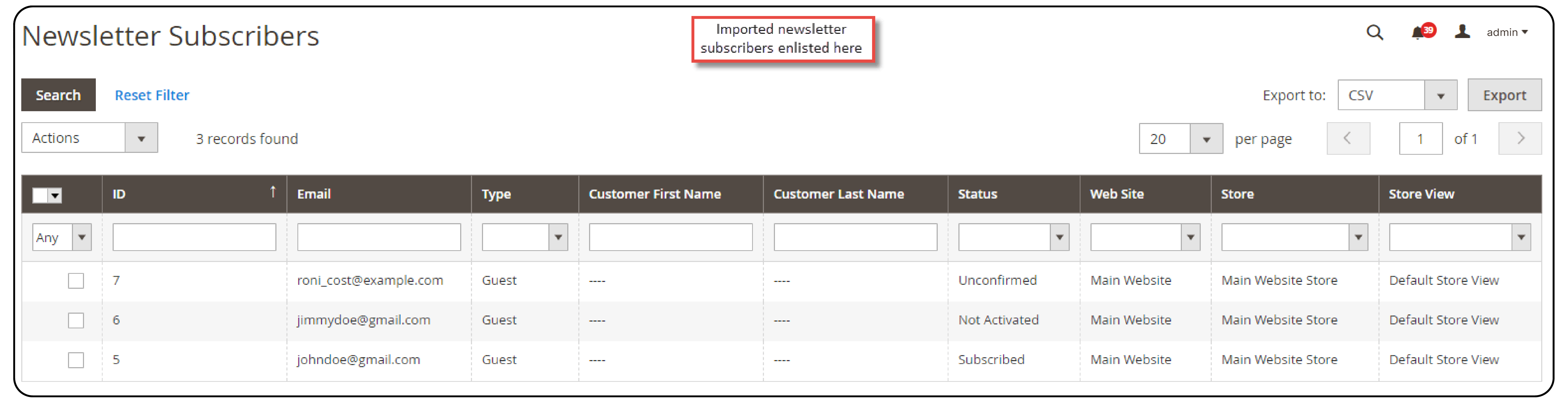 Magento 2 Import Export Newsletter Subscribers Extension subscriber list
