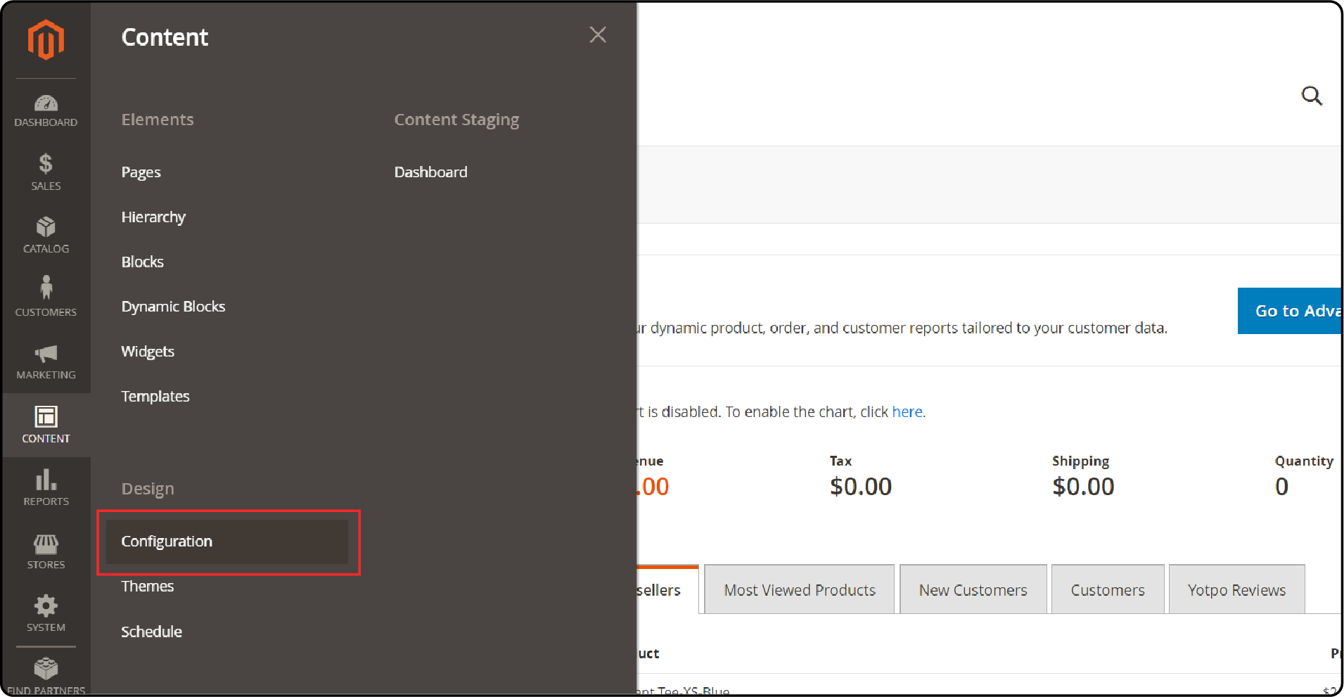 Accessing the configuration menu in Magento 2 admin panel for design adjustments