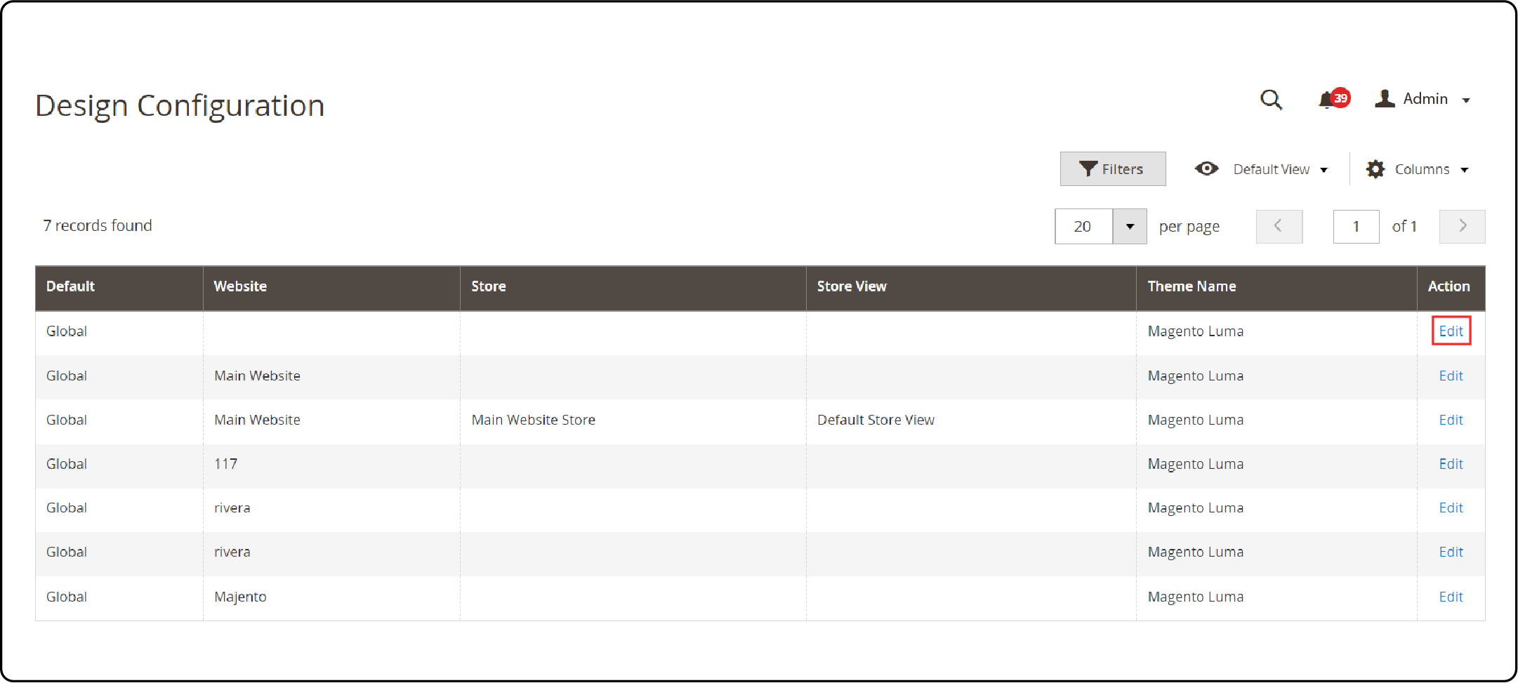 Editing design settings in Magento 2 through the action column in configuration