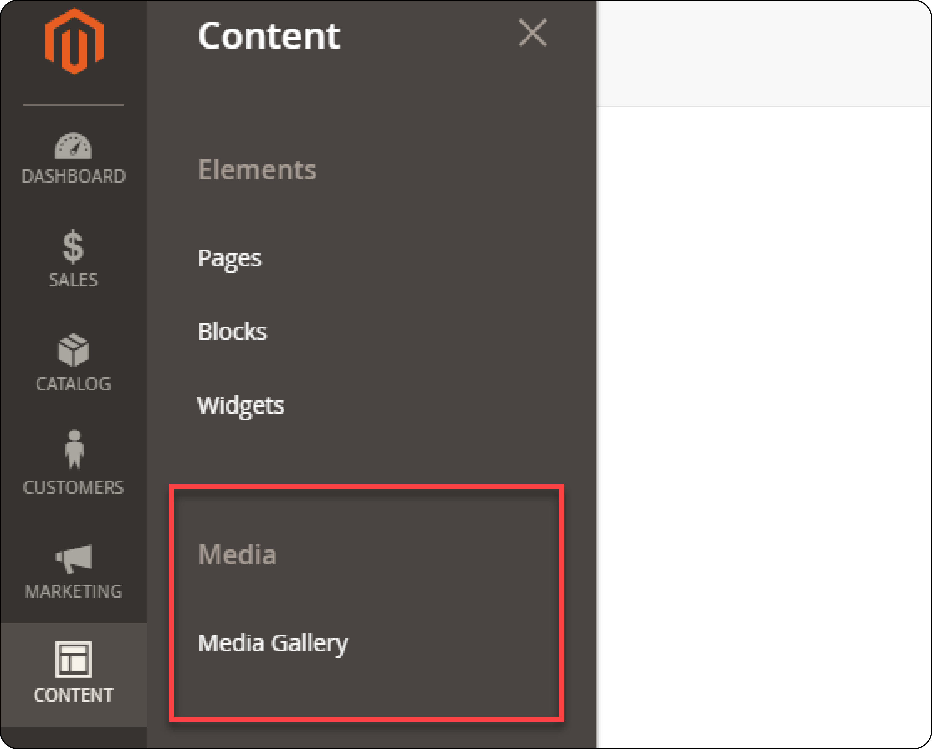 Navigate to sidebar to access Magento 2 media gallery