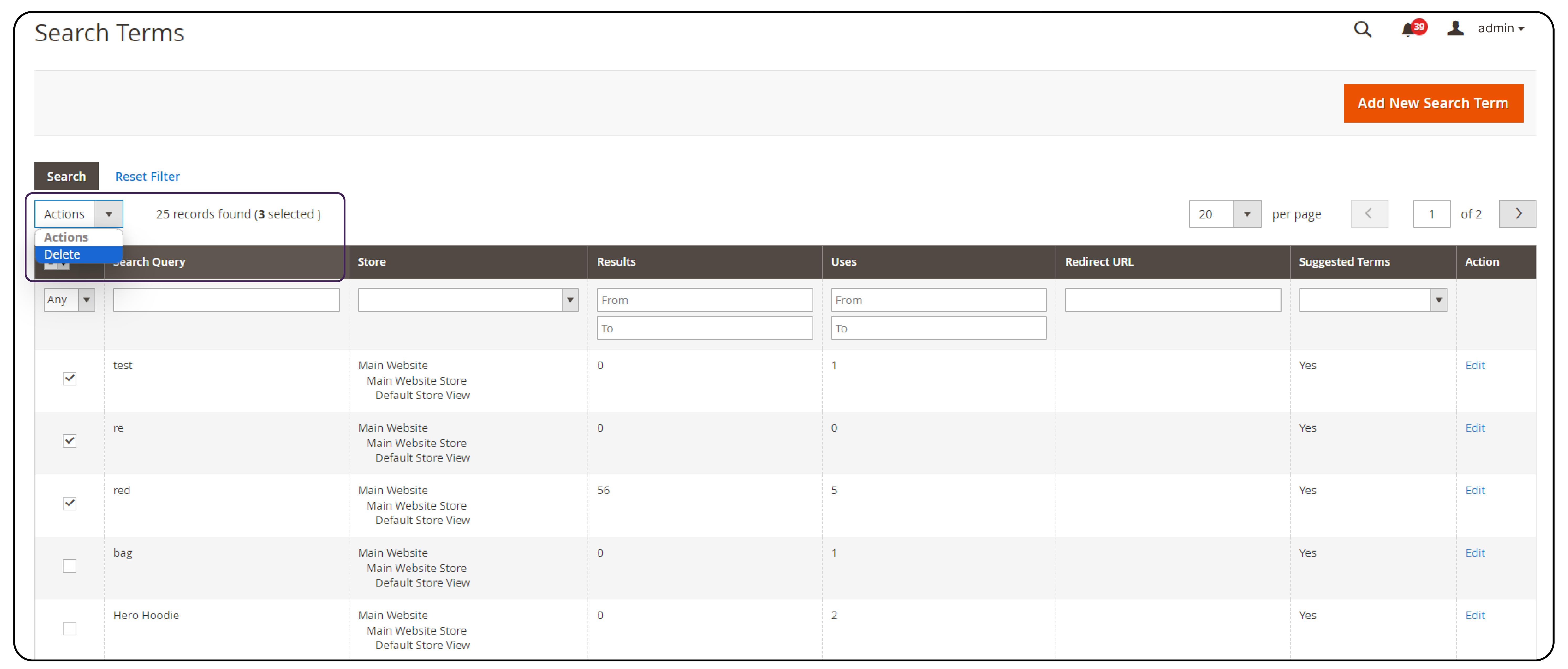 Delete a Search Term Using the Search Terms Grid