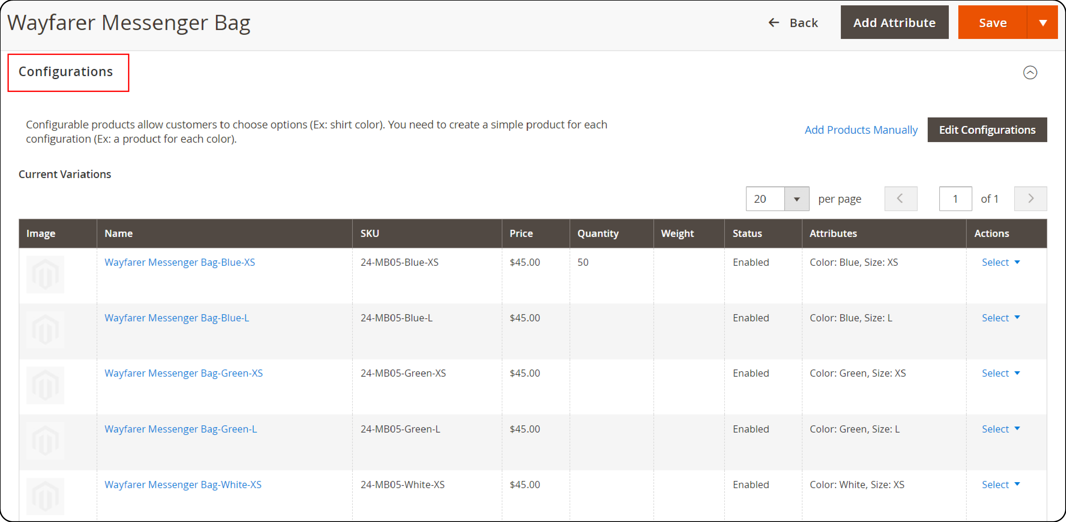 Accessing the configurations section for a Magento 2 product