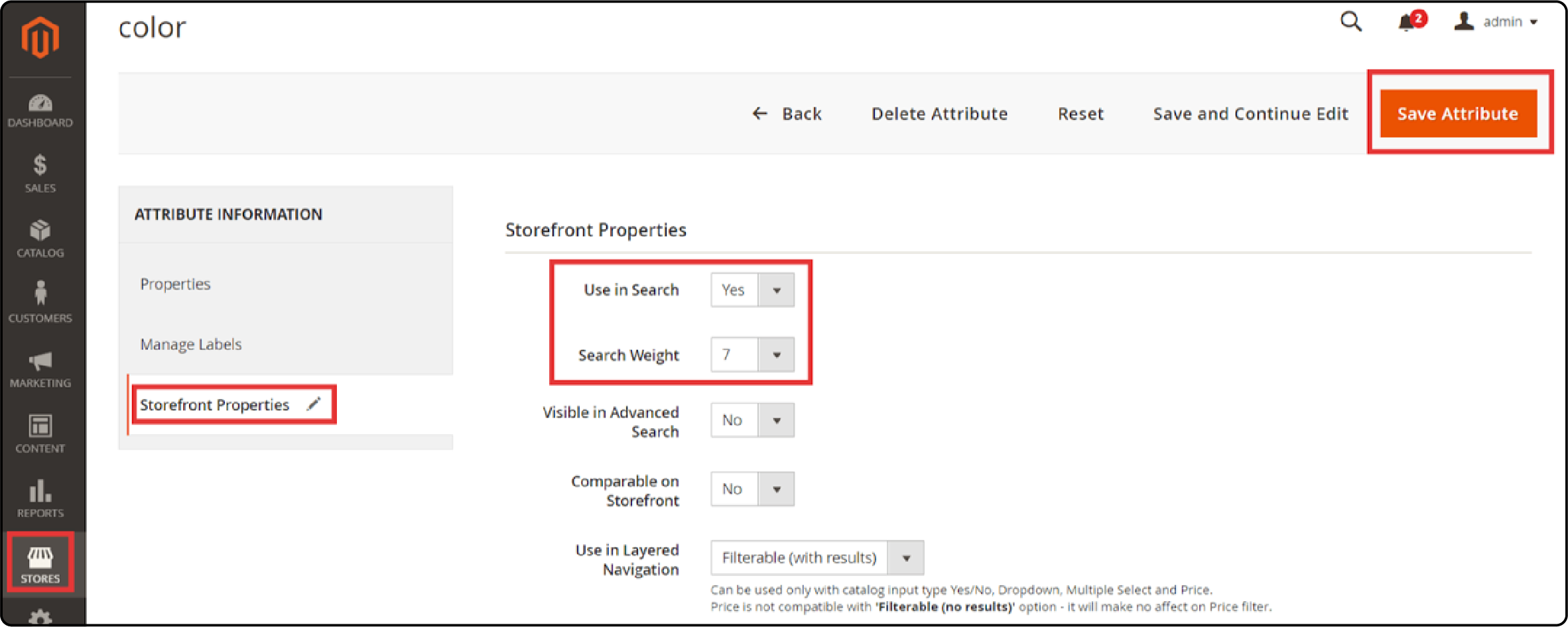 Configuring search weight settings from 1 to 10 and saving changes in Magento 2