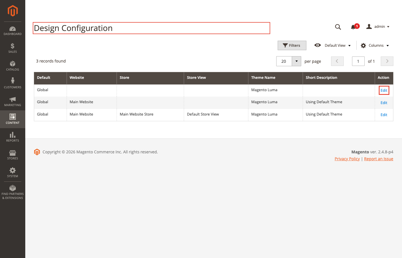 Magento 2 Design Configuration grid showing Global, Website, and Store View scopes with Theme Name column